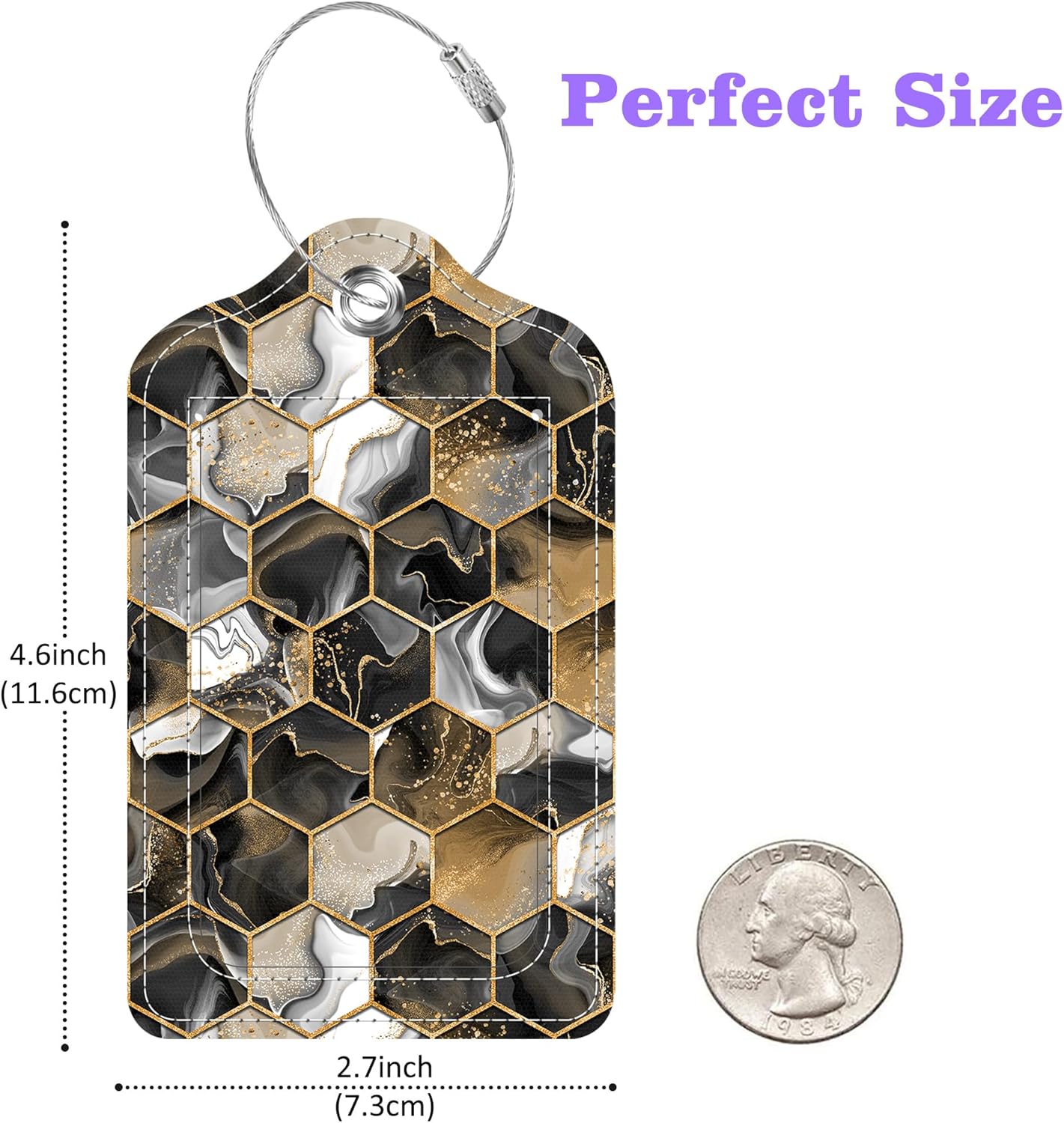 Gold Ink Hexagon Texture Luggage Tags 2PCS PU Leather Suitcases Tag with Stainless Steel Loop and