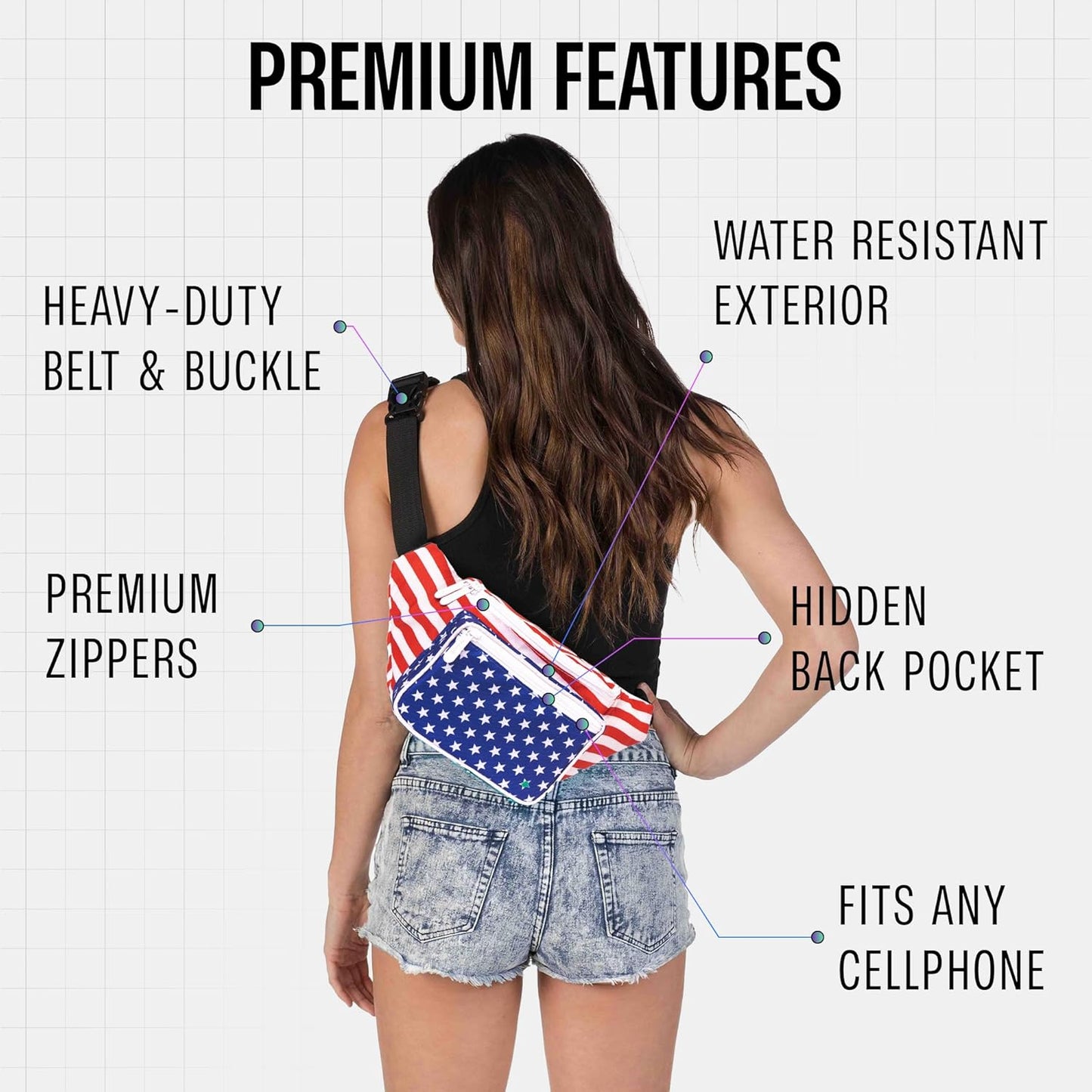 American Flag - 4th of July Fanny Pack Belt bag - Crossbody Waist Bag for Men or Women - Hands-Free, Waterproof Large Bumbag for Hiking, Running, and Travel