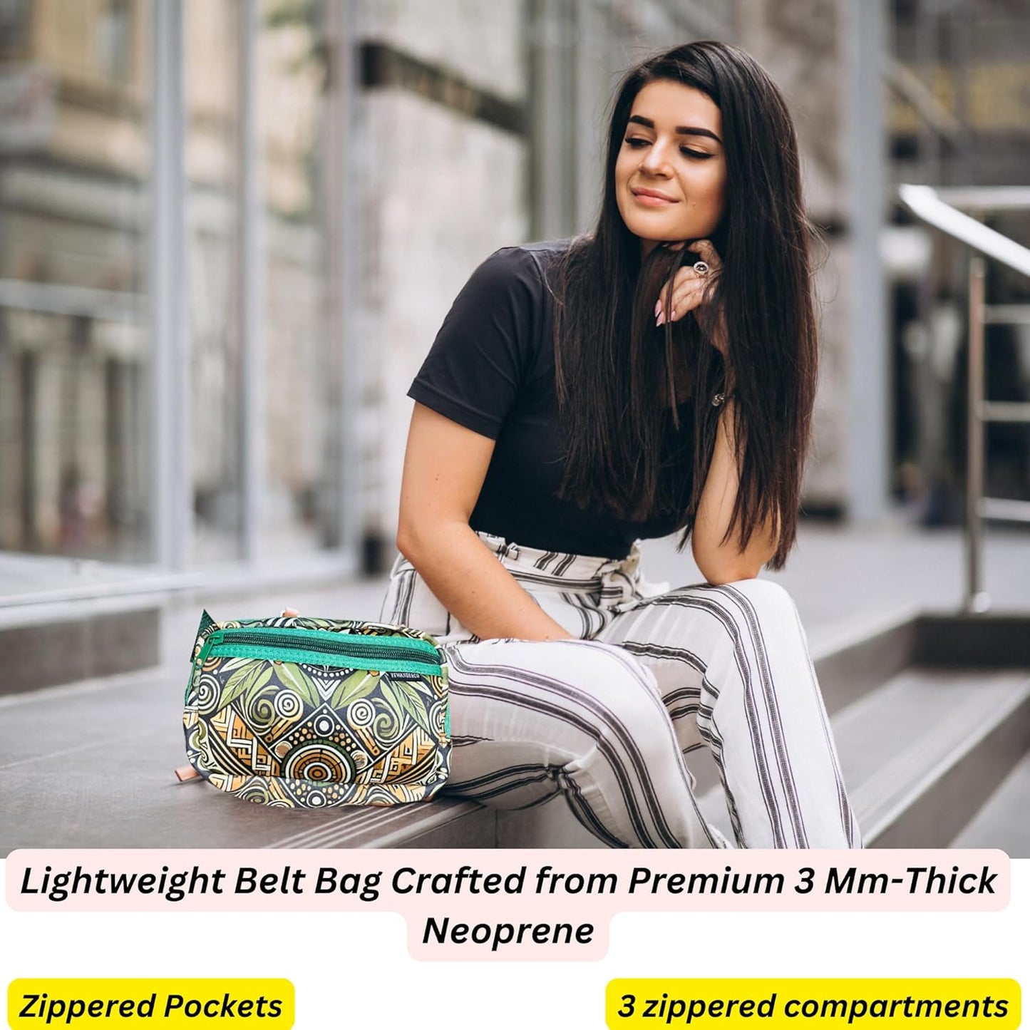 Yewande&co Neoprene Fanny Pack Belt Bag – Lightweight Waterproof Waist Bag with Adjustable Strap, 3 Zippered Pockets, Crossbody Belt Bag for Travel, African Design Crossbody Bags (Sprout)