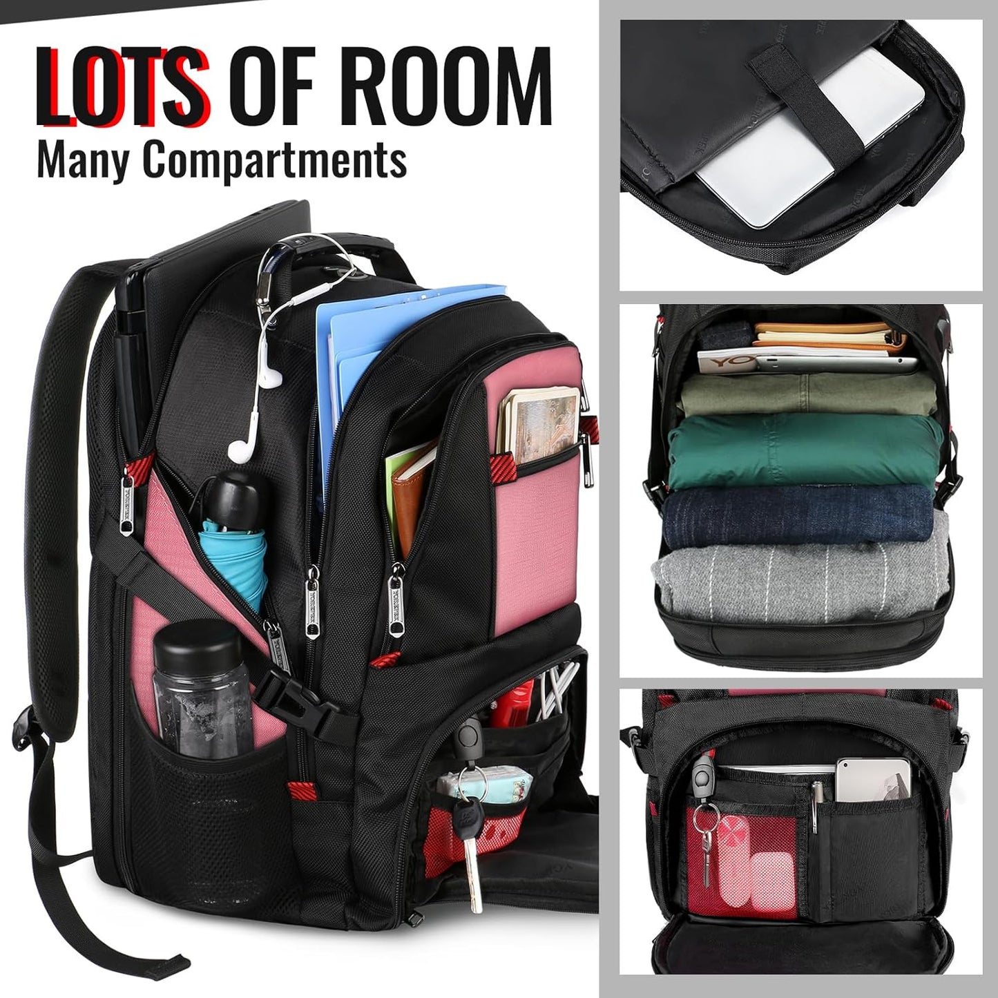 YOREPEK Travel Backpack, Extra Large 50L Laptop Backpacks for Men Women, Water Resistant College Backpack Airline Approved Business Work Bag with USB Charging Port Fits 17 Inch Computers, Pink