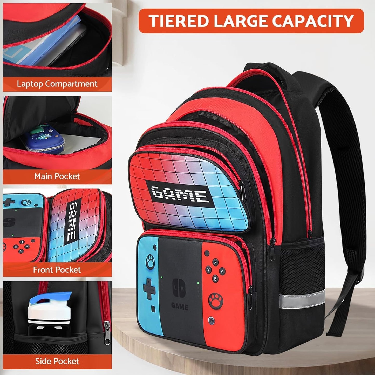 School Backpack for Boys - HFHTDC Gamer Boys Backpack for Kids Children Teens Elementary Middle School - Students Bookbag Ages 6-18,17″ Video Game Bookbag Travel Back Pack