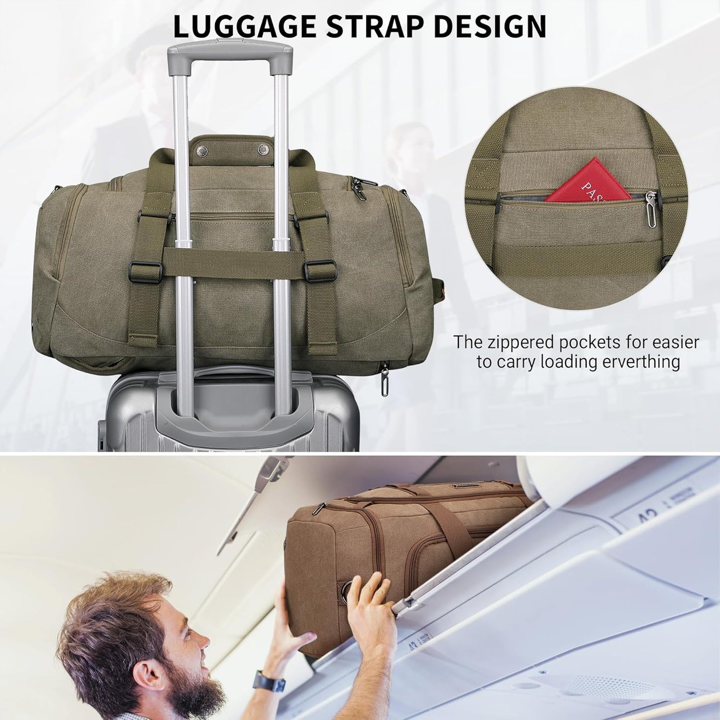 WITZMAN Canvas Duffel Bags for Men Traveling 3 in 1 Backpack Carry-on 40L Weekender Overnight Bag with Shoe Compartment(A8006/2 Army Green)