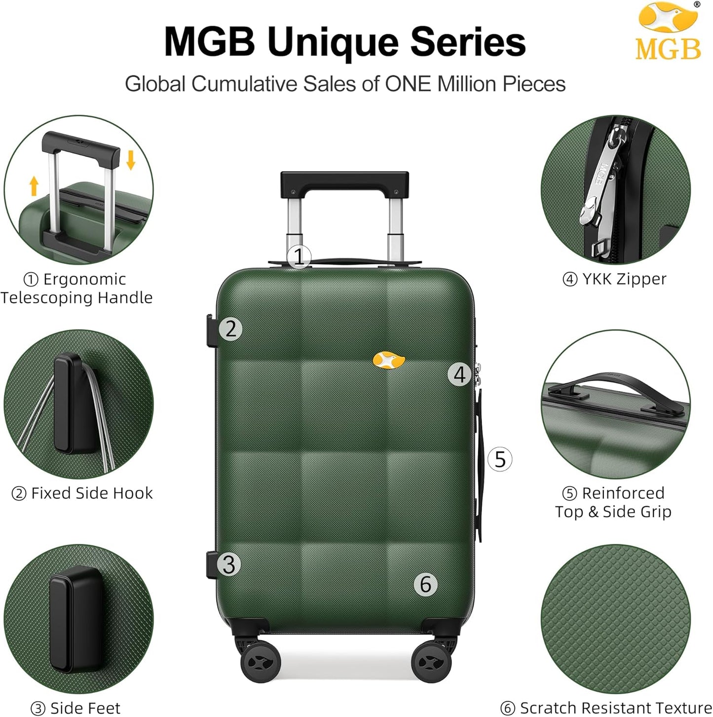 MGB 24 Inch Luggage Suitcases With Spinner Wheels Lightweight PC Hard Shell Rolling Suitcase with Travel Lock for Travel Woman Men, Checked-Medium 24-Inch, Dark Green