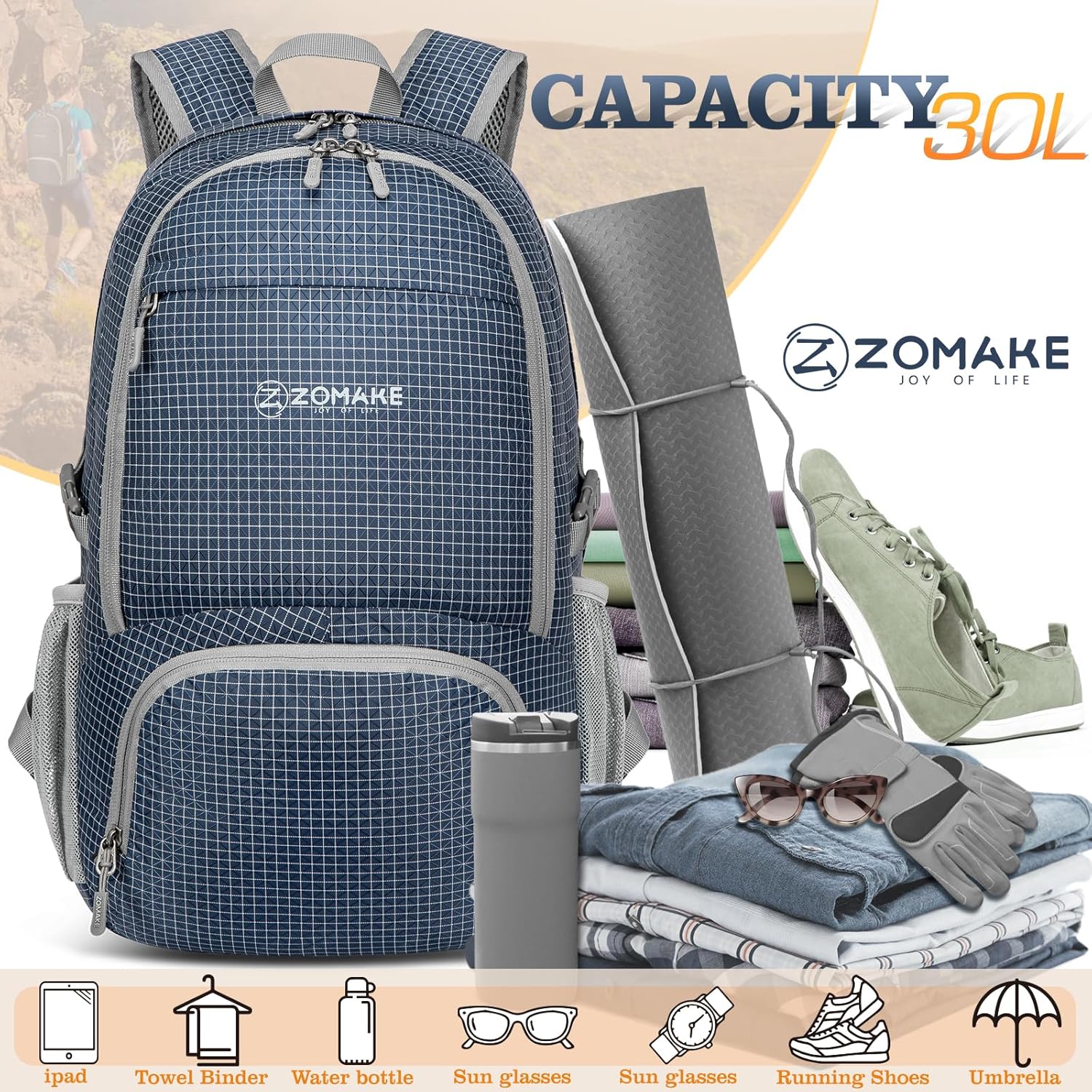 ZOMAKE Lightweight Packable Backpack 30L, Foldable Hiking Backpacks Water Resistant Compact Folding