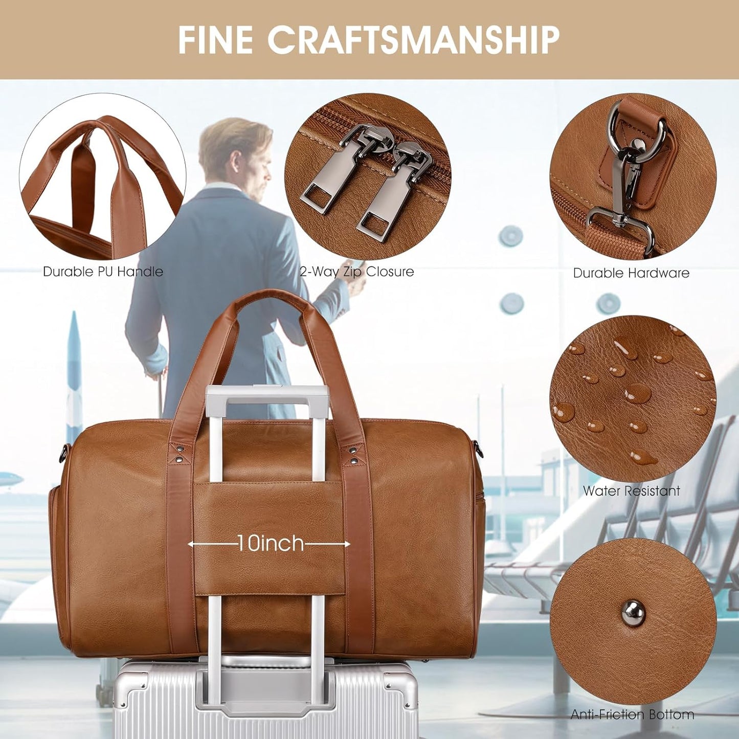 Wogarl 3PCS Leather Weekender Bag for Women Men Large Overnight Duffel Bag with Shoe Compartment Toiletry Packing Cube Carry On Bag Fit 21" Laptop (Light Brown)