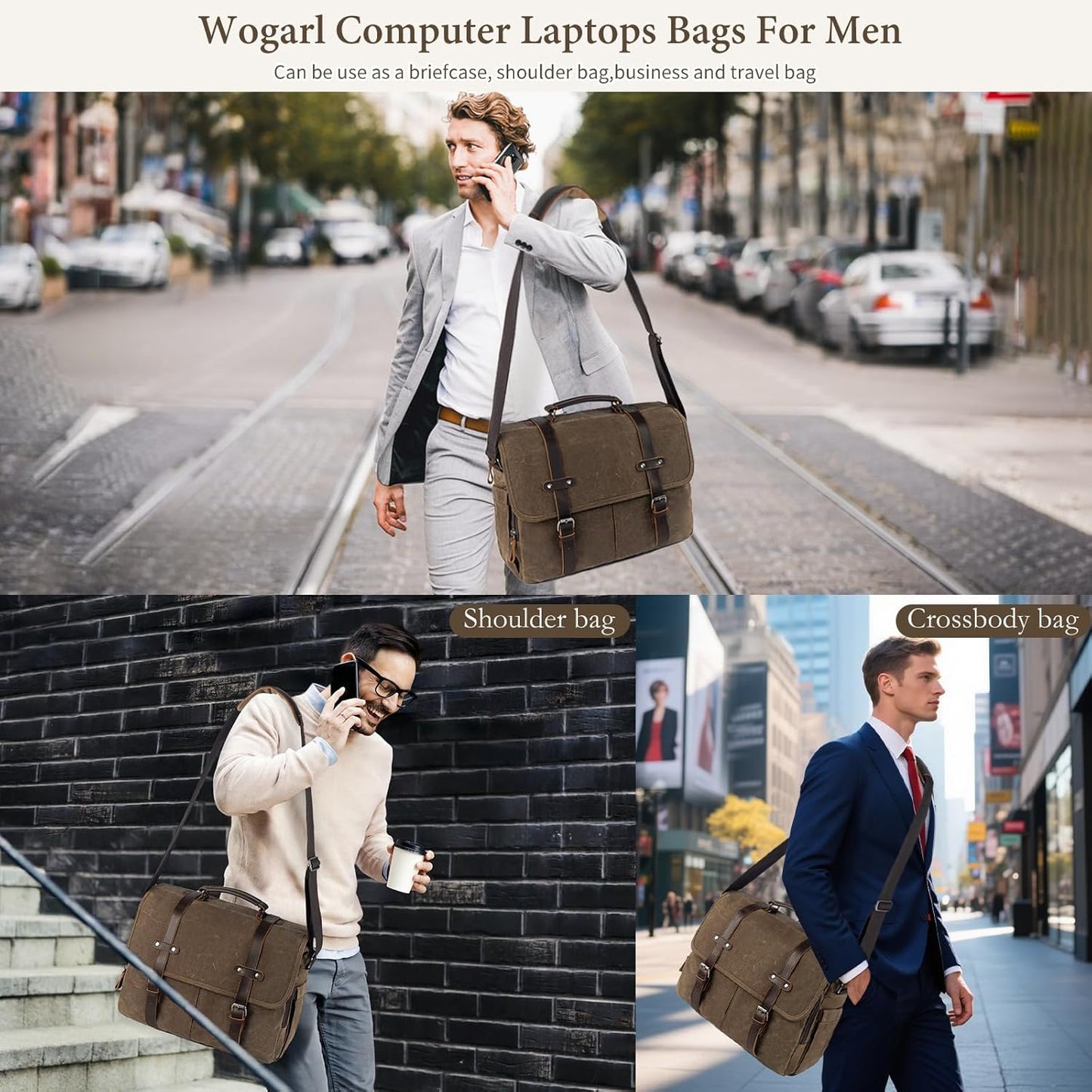 Wogarl 15.6" Messenger Bag for Men: Leather Waxed Canvas Briefcase Large Computer Laptop Bag Handbags Crossbody Bags for Work