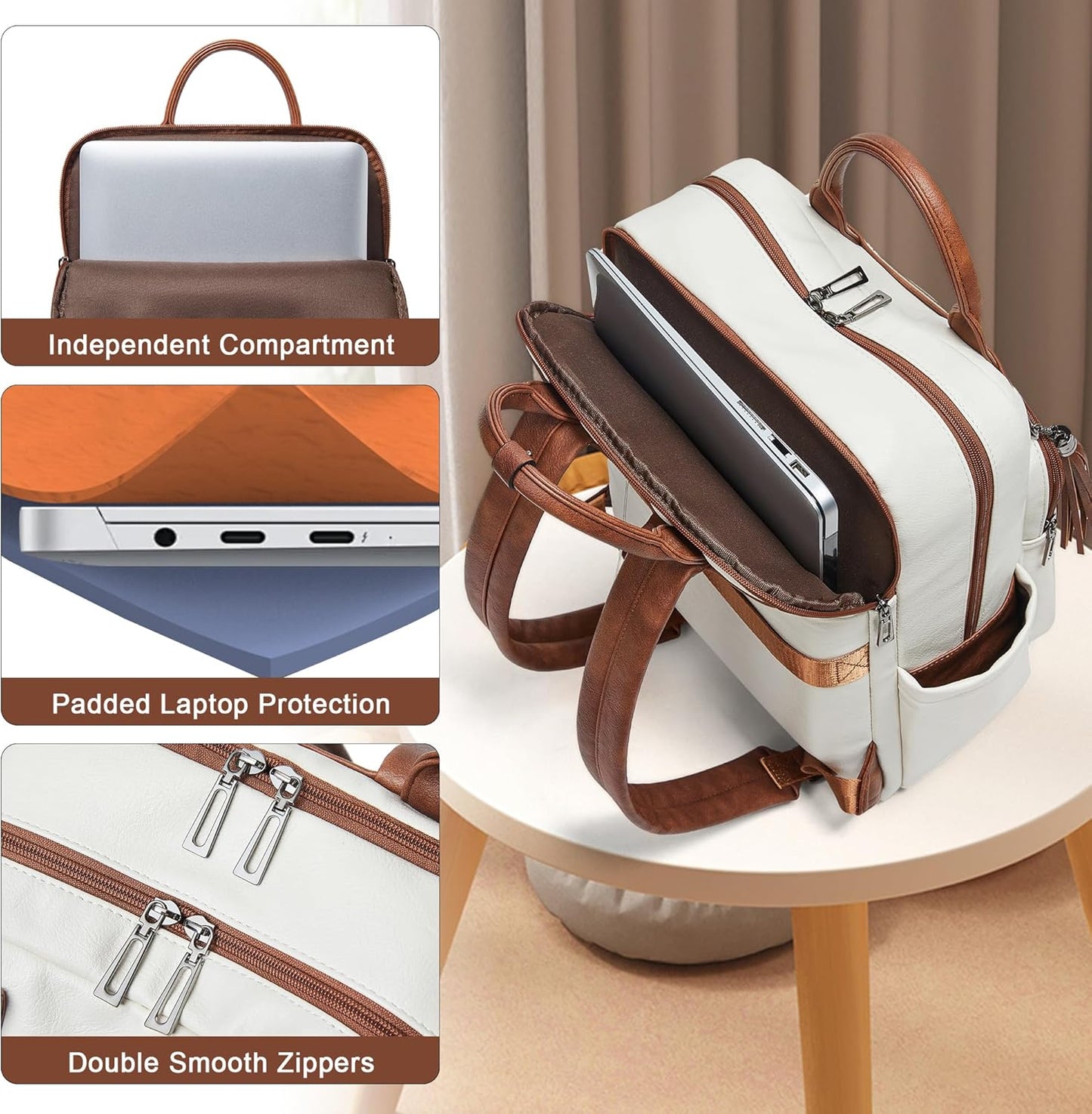 Shrrie Laptop Backpack for Women 15.6 inch Travel Leather Backpack Purse Work Computer Backpacks for Business College Beige