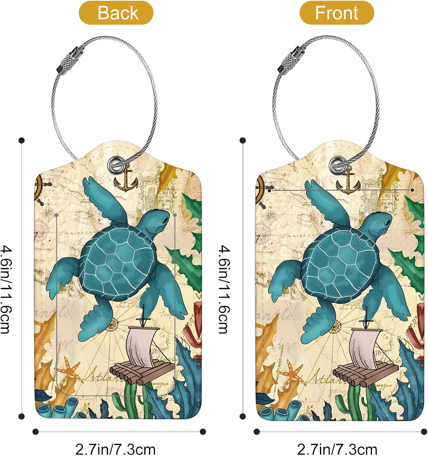 2Pack Luggage Tags for Suitcases, Cute Unique Pu Leather Cruise Luggage Tag with Privacy Cover ID Label Address Card and Metal Ring Suitable for Women Men Kids Travel Bag Turtles