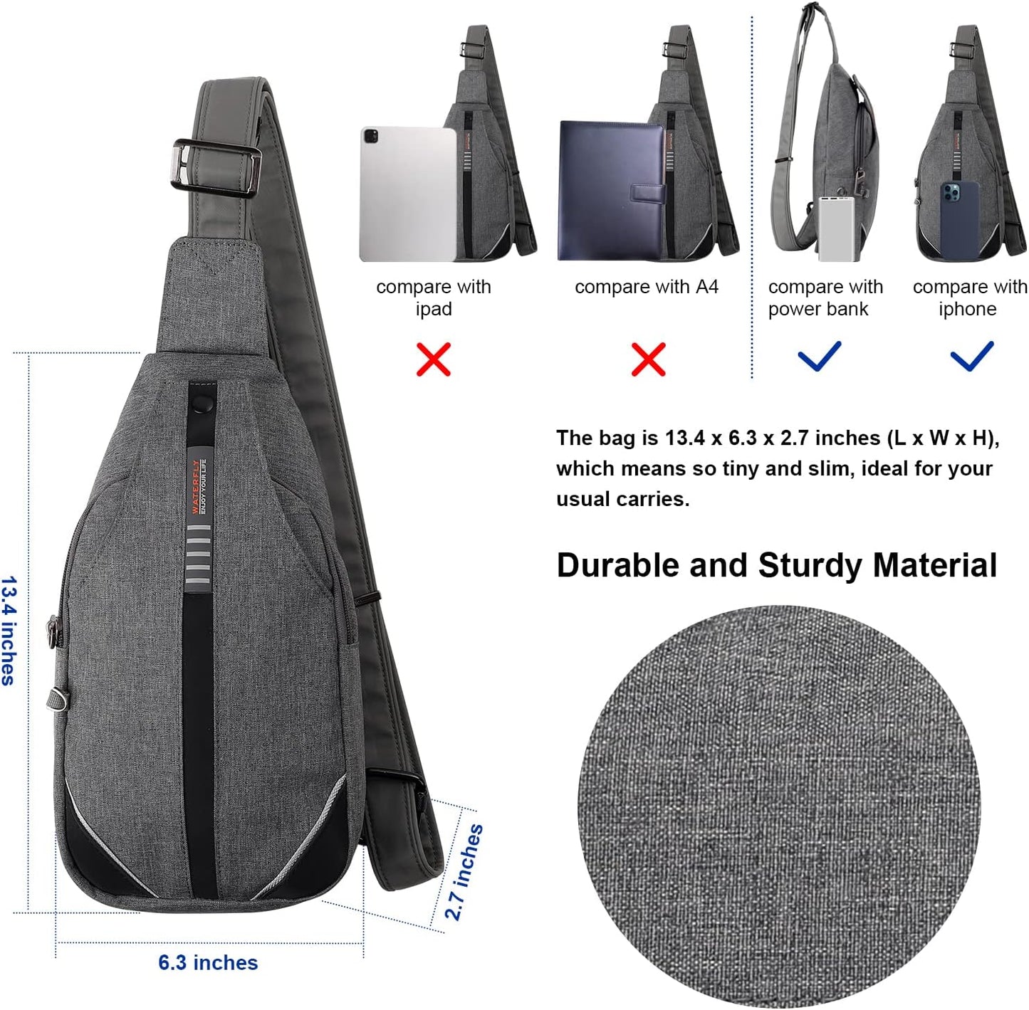 WATERFLY Small Crossbody Sling Backpack Anti Theft Backpack for Traveling Chest Bags for Men&Women Multipurpose Casual Daypack Hiking Shoulder Bag (Gray)