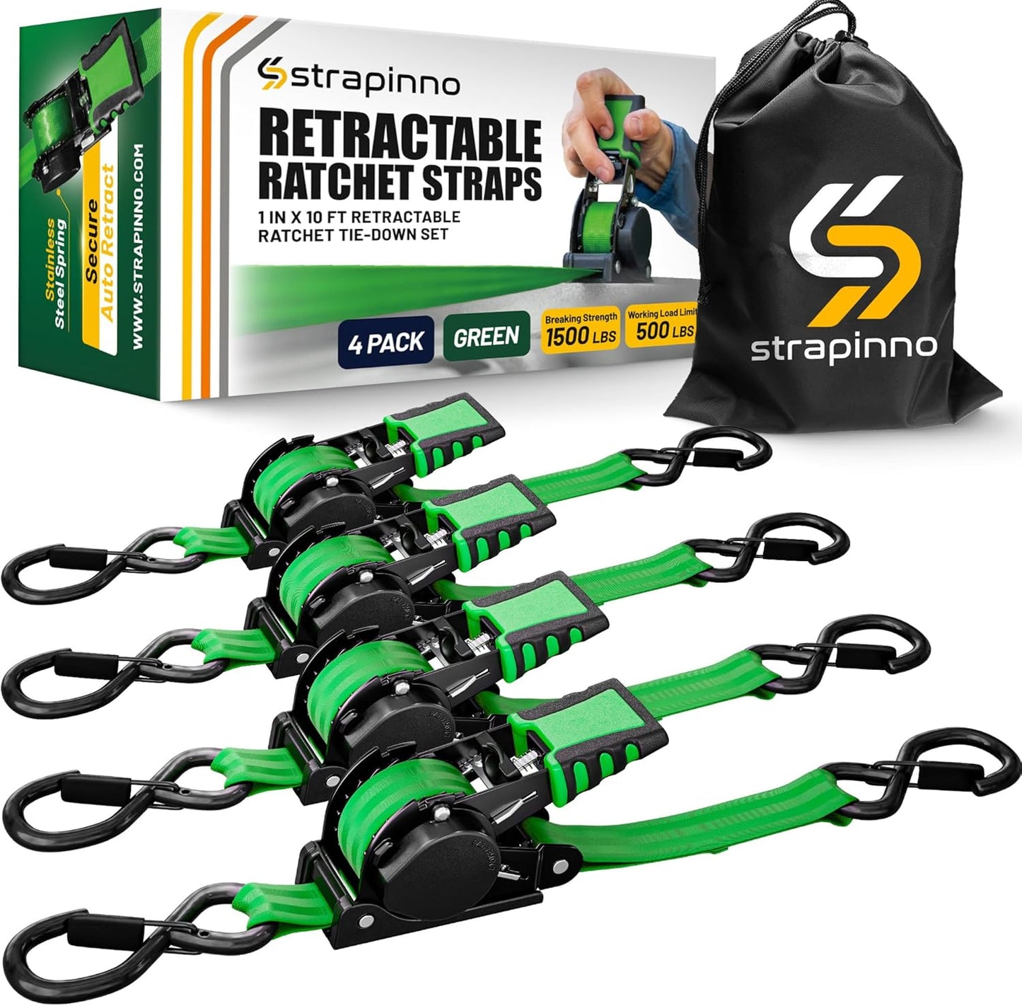 Strapinno Retractable Ratchet Straps 1 in x 10 ft, Secure Tie-Downs with Rubber-Coated Steel Handles, for Motorcycle, Jetski, Kayak, Breaking Strength 1,500LBS/680KG (Green Strap, Black Coated)