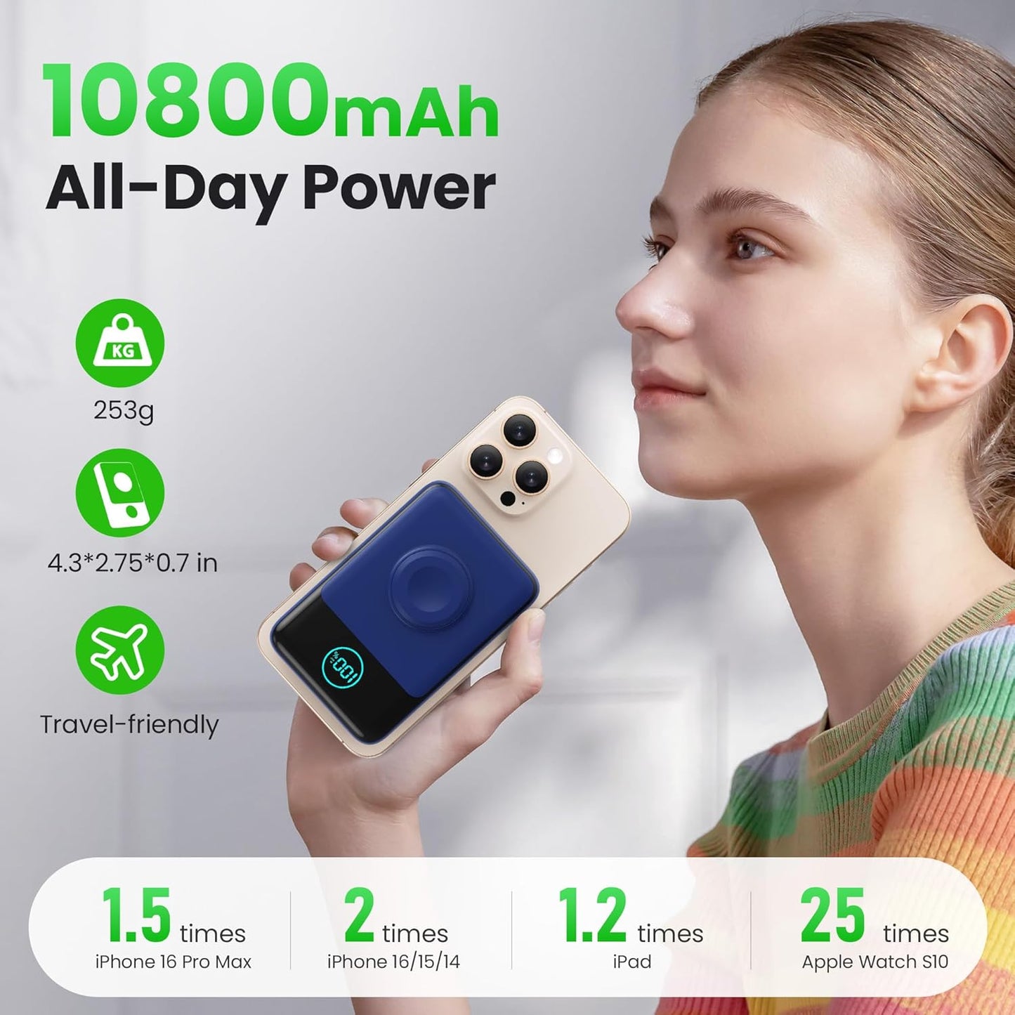 Magnetic Portable Charger for iPhone, 10800mAh Qi2 15W Wireless Power Bank with iWatch Charger,30W PD Fast Charging USB-C Travel Essentials Battery Pack for Magsafe,iPhone 17/16/15/14/13, Apple Watch