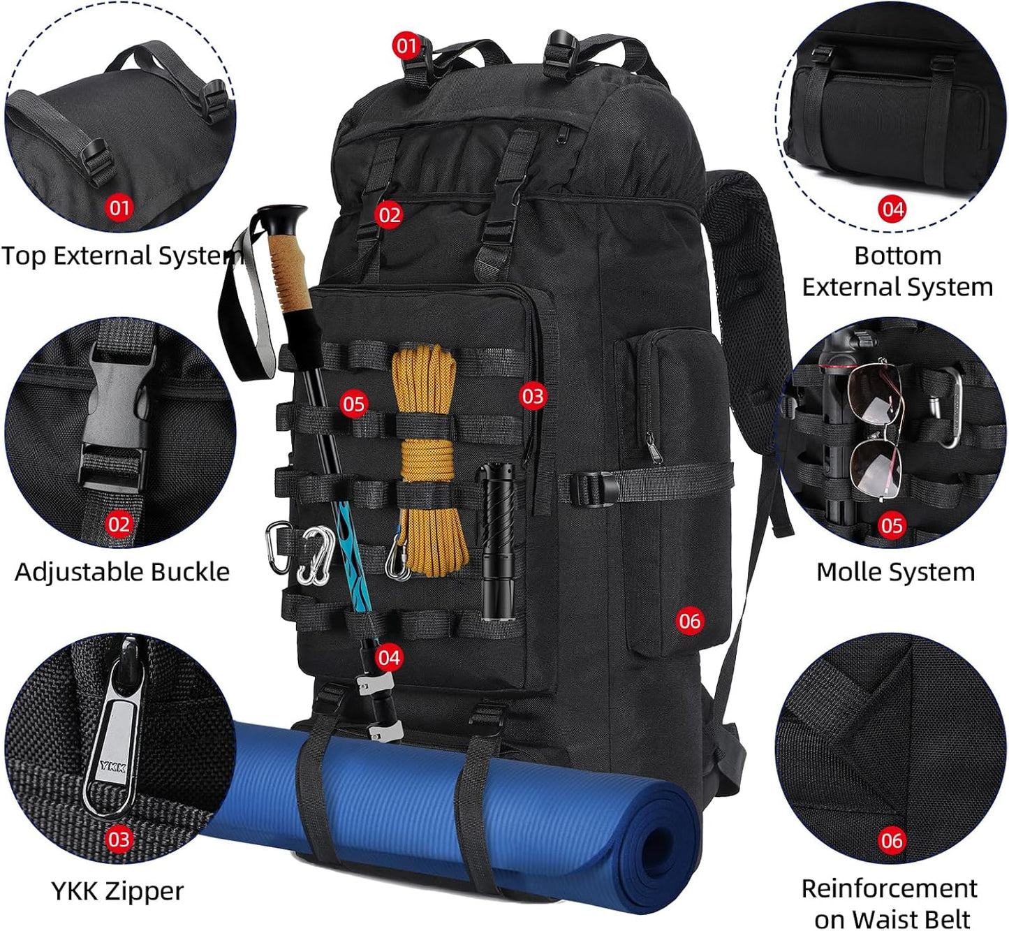 70L Camping Hiking Backpack with Rain Cover, Large Military Tactical Backpack, Waterproof Molle Racksack Travel Backpacking Daypack for Climbing Trekking