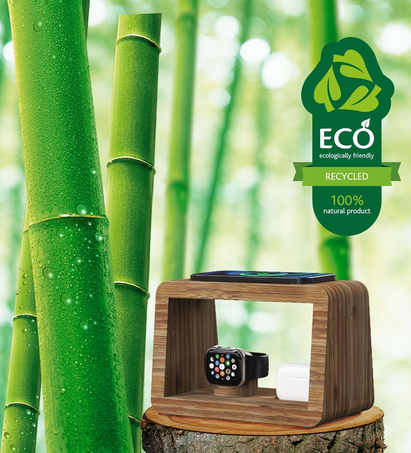 Bamboo Charging Station for Multiple Devices, 15W Fast Wireless Charger Night Light with 3 Color & 4 Adjustable Brightness, Night Stand Charger Station for iPhone/iWatch/AirPods/Samsung with Adapter
