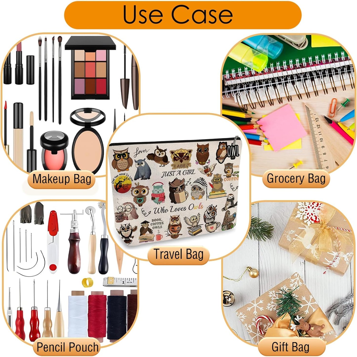 DOOX Owl Makeup Bags with Lining, Funny Cosmetic Bags Pencil Pouch - Double-Sided Print - Cute Owl Birthday & Christmas Gifts for Daughter, Sister, Women