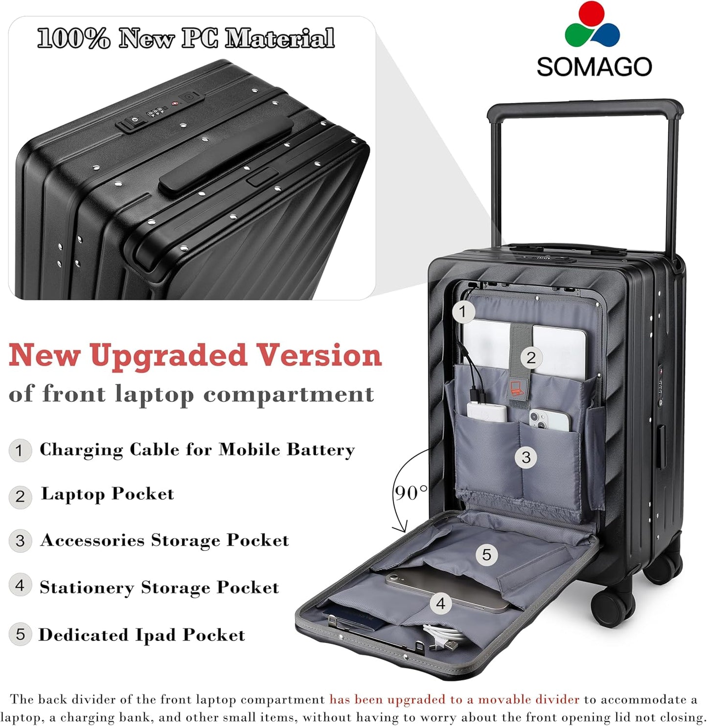 Somago Carry On Luggage Wide Handle 20 Inch Suitcase with Front Compartment Aluminum Framed PC Hardside 22x14x9 No Zipper Business Baggage with Spinner Wheels USB Charging Port TSA Lock (Black)