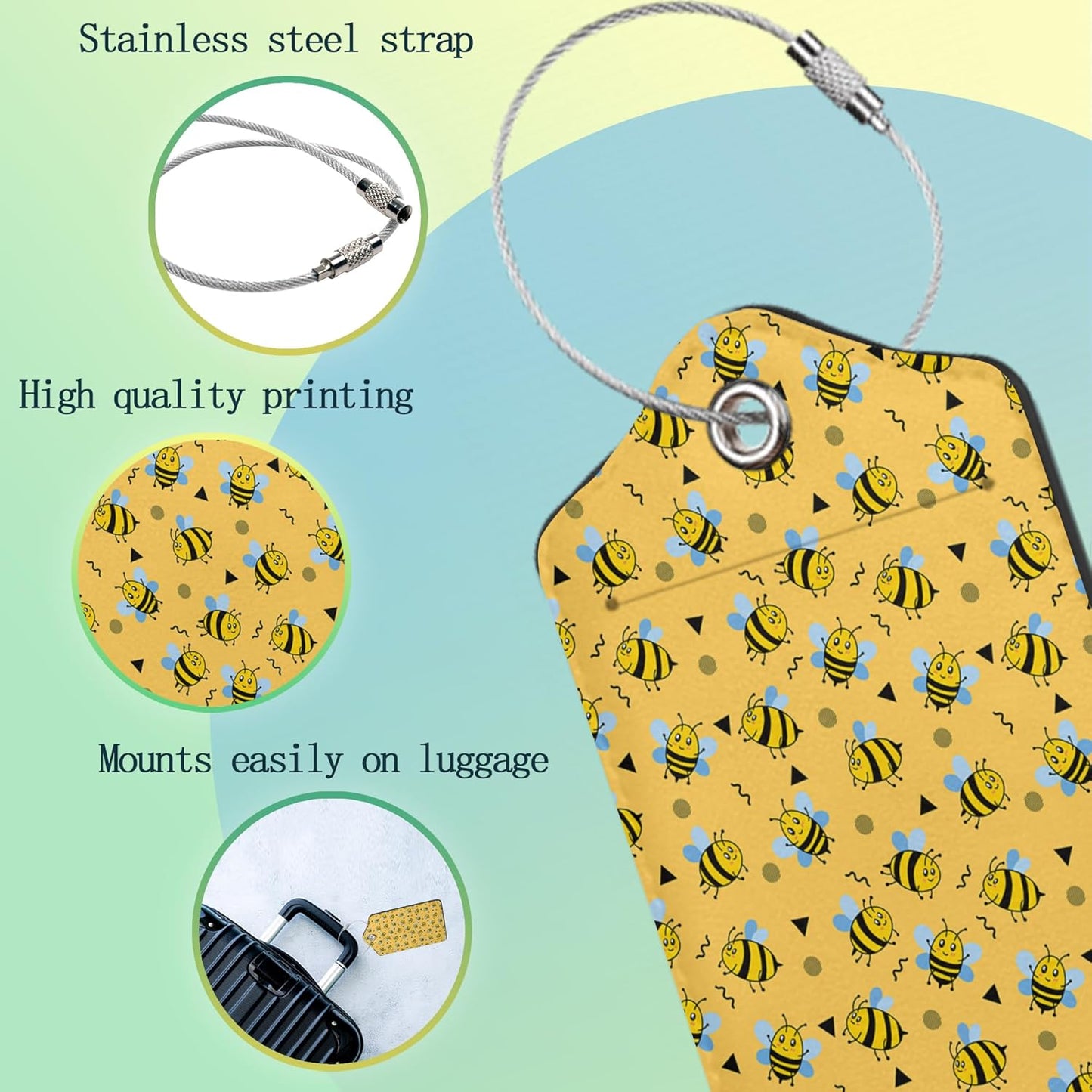 Honey Bees Luggage Tag,Cute Animal Luggage Tags of Set 2 Leather Identifiers Privacy Cover with Stainless Steel Loop for Women Men Travel Bag Suitcase