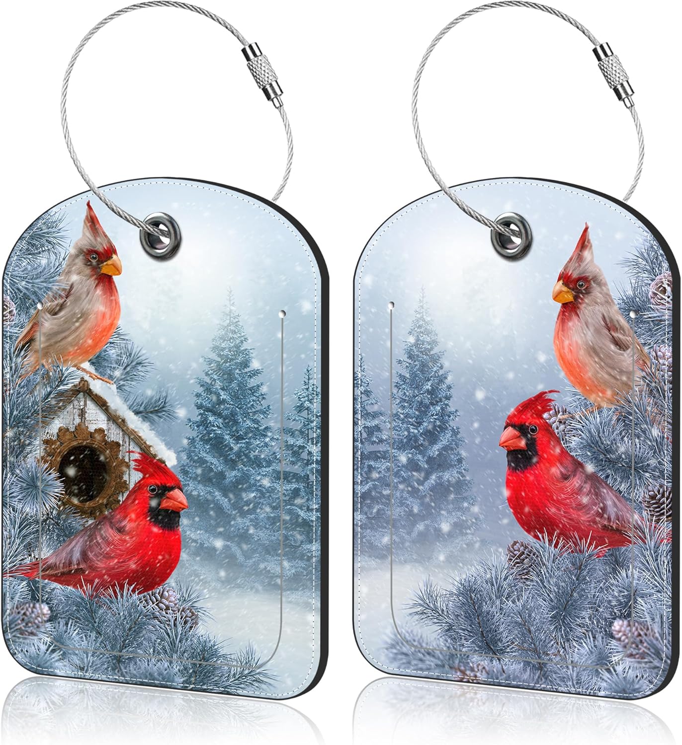 2 PCS Leather Luggage Tag for Suitcase Red Cardinal Travel Suitcase Labels with Privacy Name ID Label and Stainless Steel Loop for Adults Teens Travel Bag Labels Set