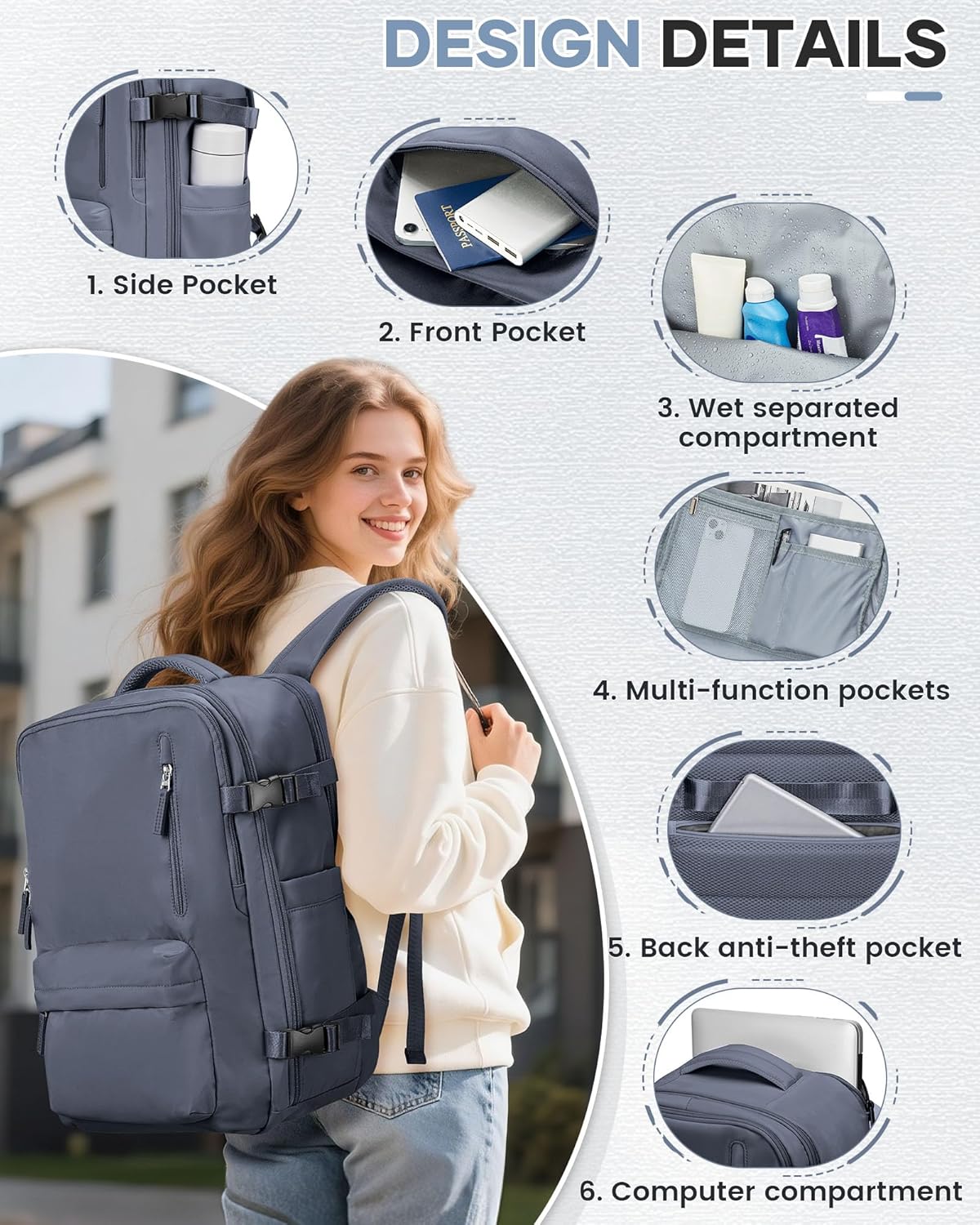 Vacuum Backpack Travel with Pump, Water Resistant Cabin Size Travel Backpack with Vacuum System, 18x14x8 Frontier Personal Item Travel Bag for Men Women Fits 16" Laptop Backpack, Grey Blue