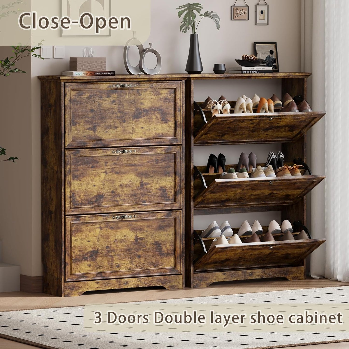 3 Flips Shoe Cabinet for Entryway, Narrow Shoe Storage Cabinet with Adjustable Shelves, Wooden Space-Saving Organizer and Rack for Foyer, Closet, Hallway