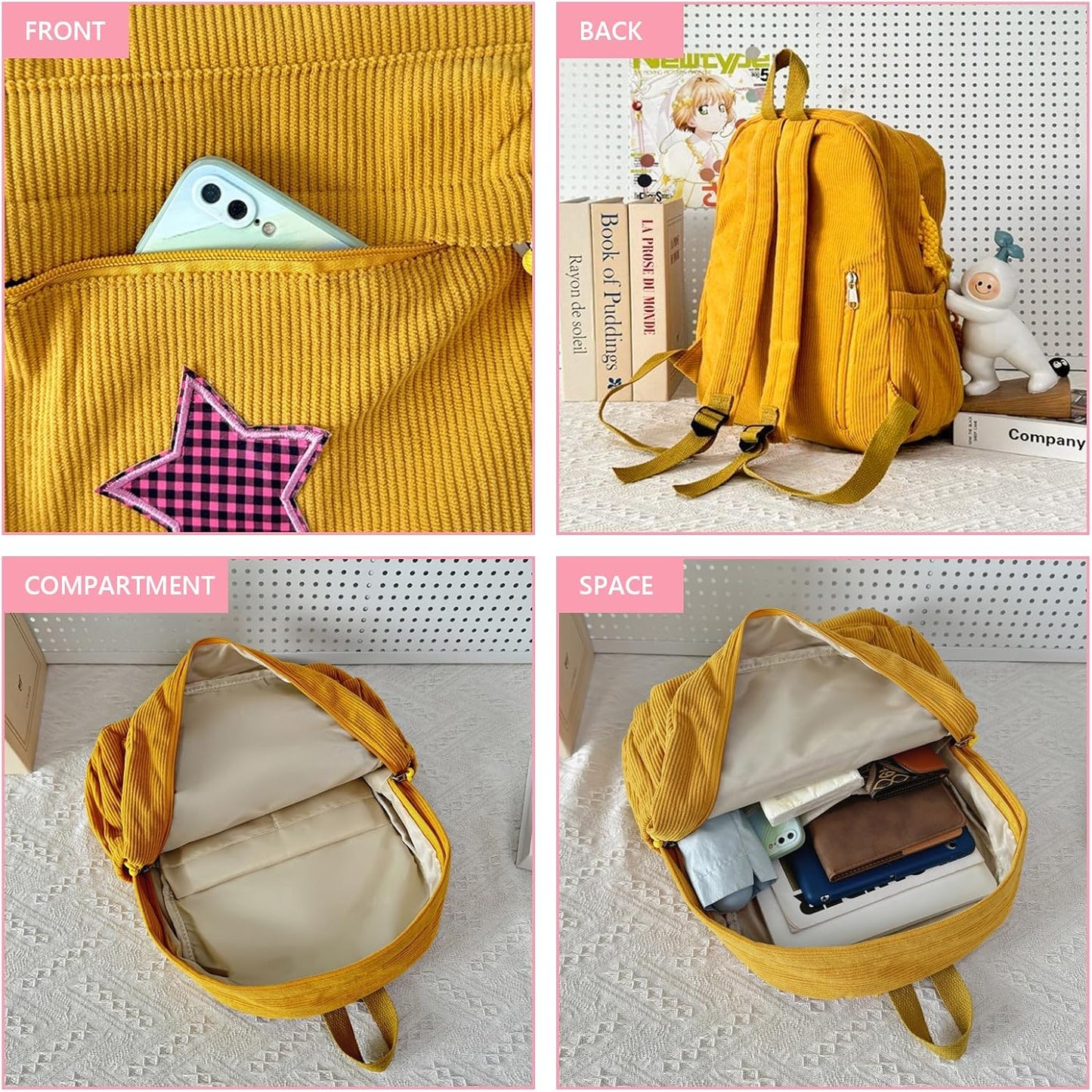 Corduroy Backpack with Star Pattern, Trendy and Versatile, Fits 14'' Laptop Large Capacity Daily Commute (Yellow)