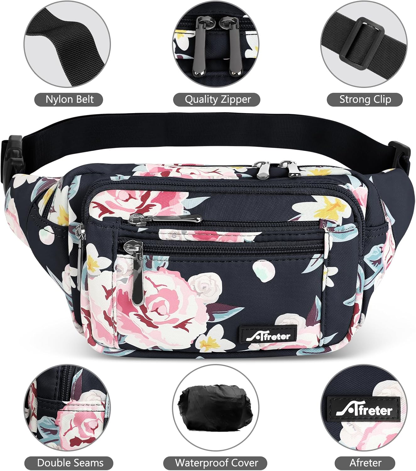 Waist Pack Bag Fanny Pack for Men&Women Hip Bum Bag with Adjustable Strap for Outdoors Workout Traveling Casual Running Hiking Cycling (New Black Flowers)