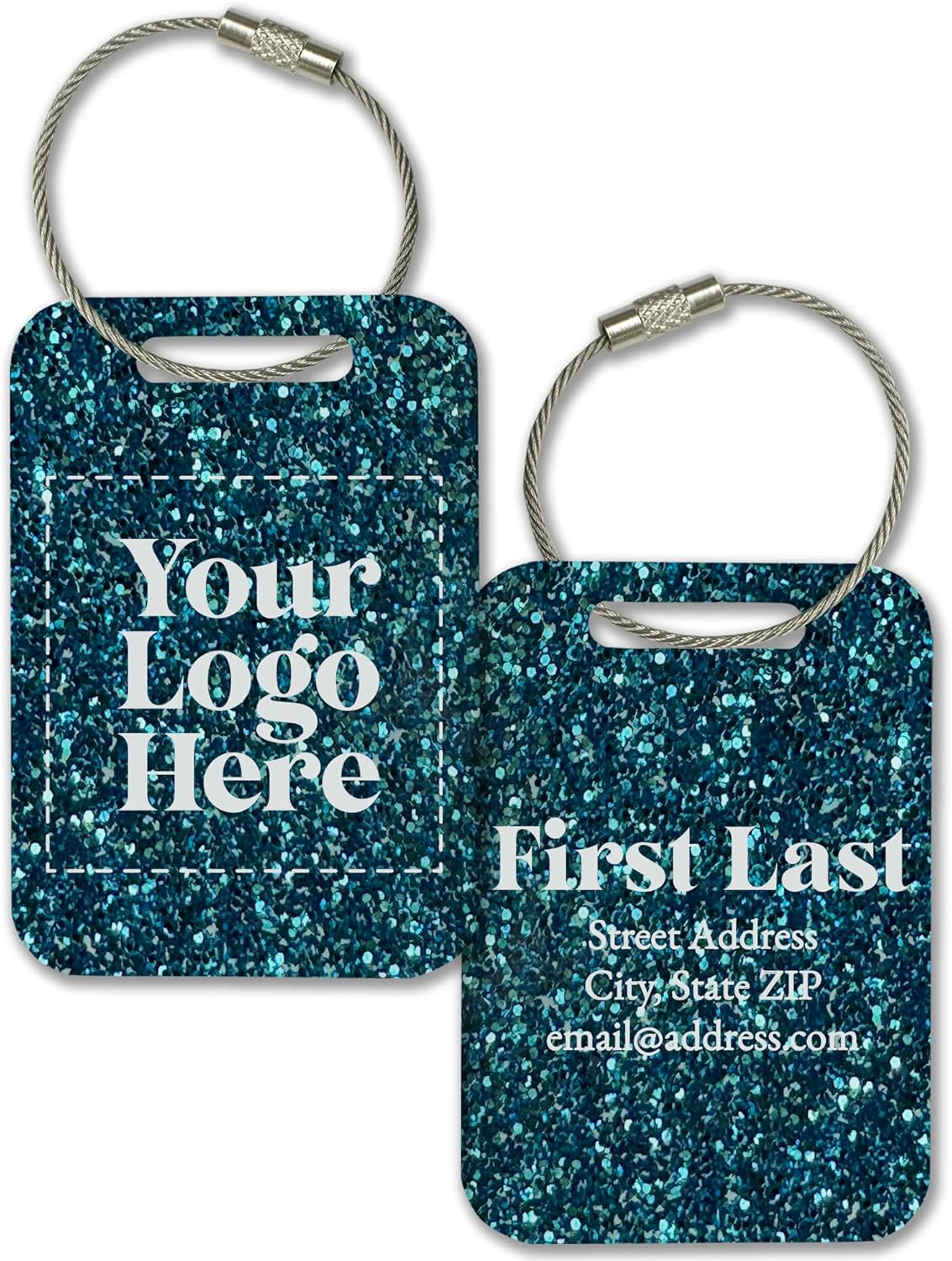 Personalized Logo Name Tag for Luggage (3 or 6 Count Pack) | Custom Tag for Suitcase | Acrylic Name Tag for Travel | Choose Your Font & Color | Backpack ID Label (Logo, Teal Glitter)
