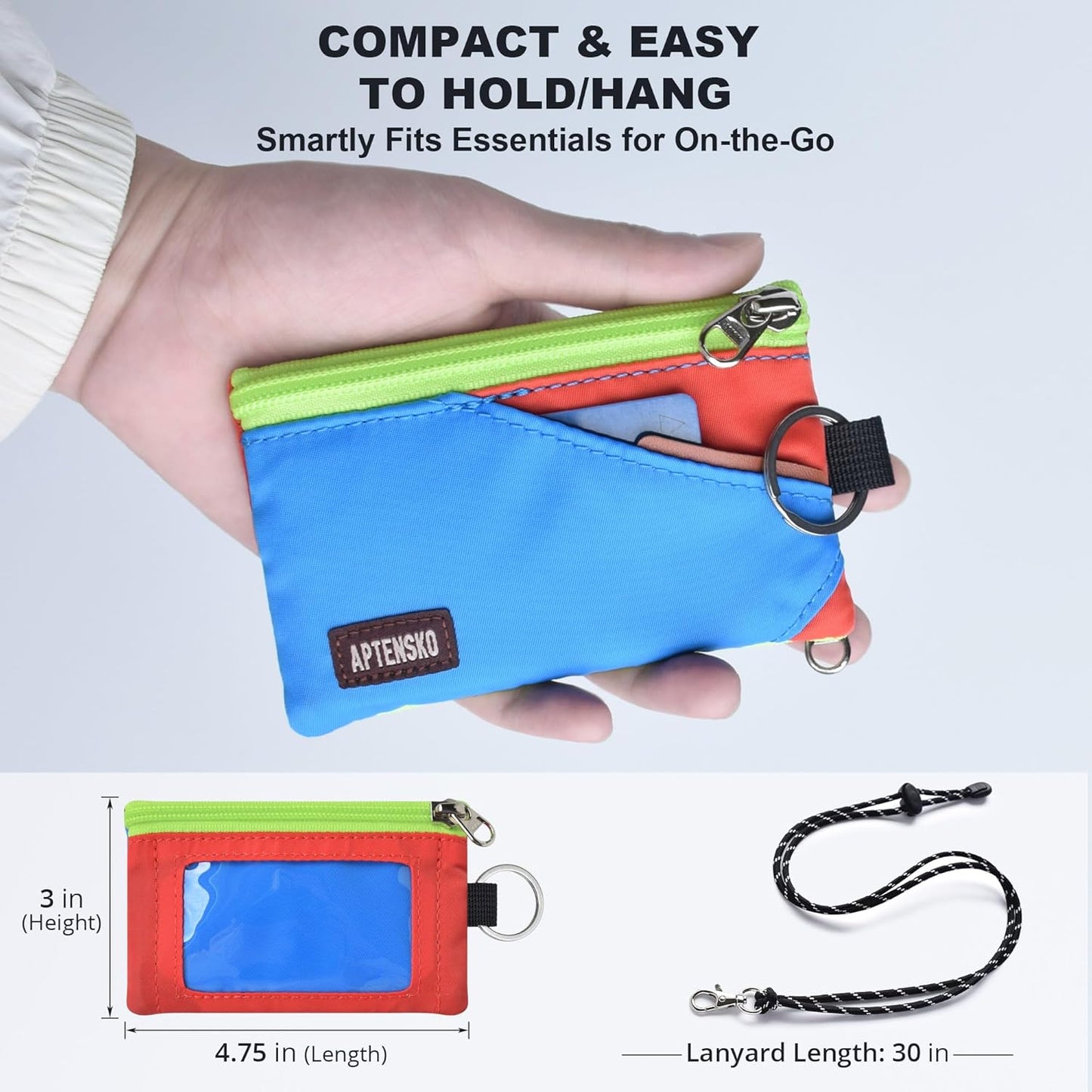 RFID Travel Wallet with Adjustable Lanyard-Zipper Small Wallet with ID Card Holder, Keychain for women&men-Minimalist Slim Waterproof Nylon case for ID, Cash, Key (SkyBlue+BlazingOrange)
