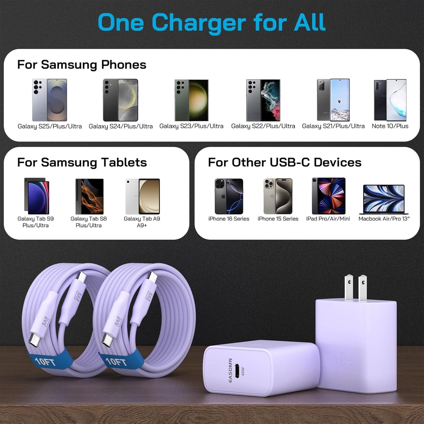 45W Super Fast Charger Type C, [2 Pack] 45 Watt USB-C Charger PD/PPS Wall Charging Block for Samsung Galaxy S25 Ultra/S24/S23 Ultra/S23+/S22 Ultra/S22+/S20 Ultra, Tab S8(Purple, with 2X 10ft Cable)