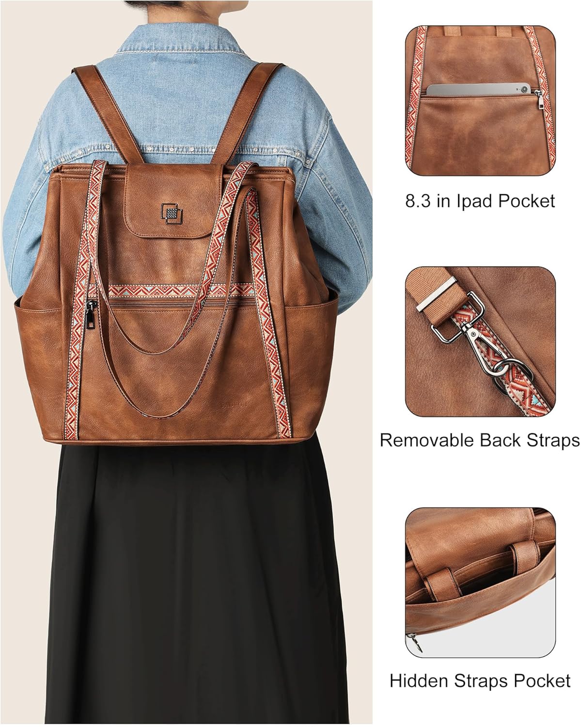 FADEON Large Laptop Tote Bag for Women Designer Leather Laptop Bag Fashion Travel Backpack Purse