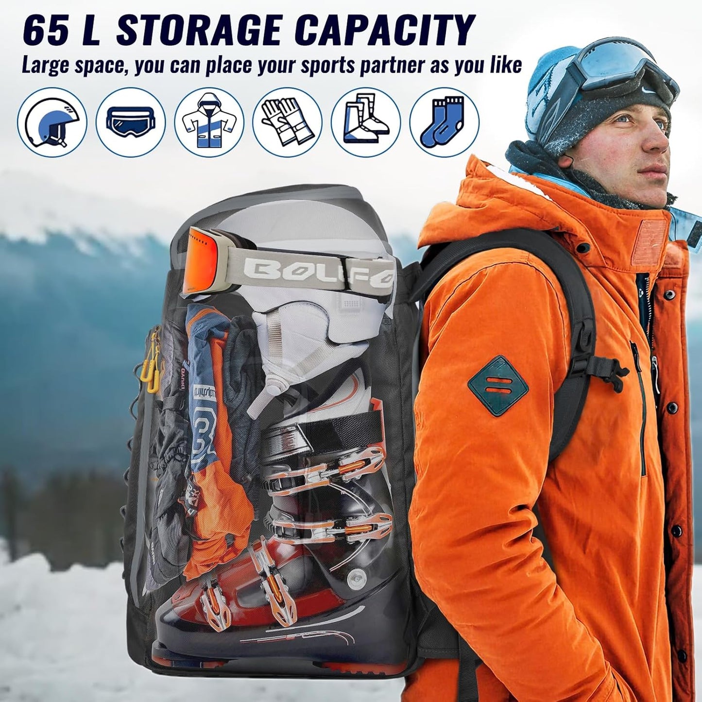 Ski Boot Bag, 65L Waterproof Ski Bag Ski Boot Bag Backpack 1680D Nylon for, Skis Snowboard & Accessories