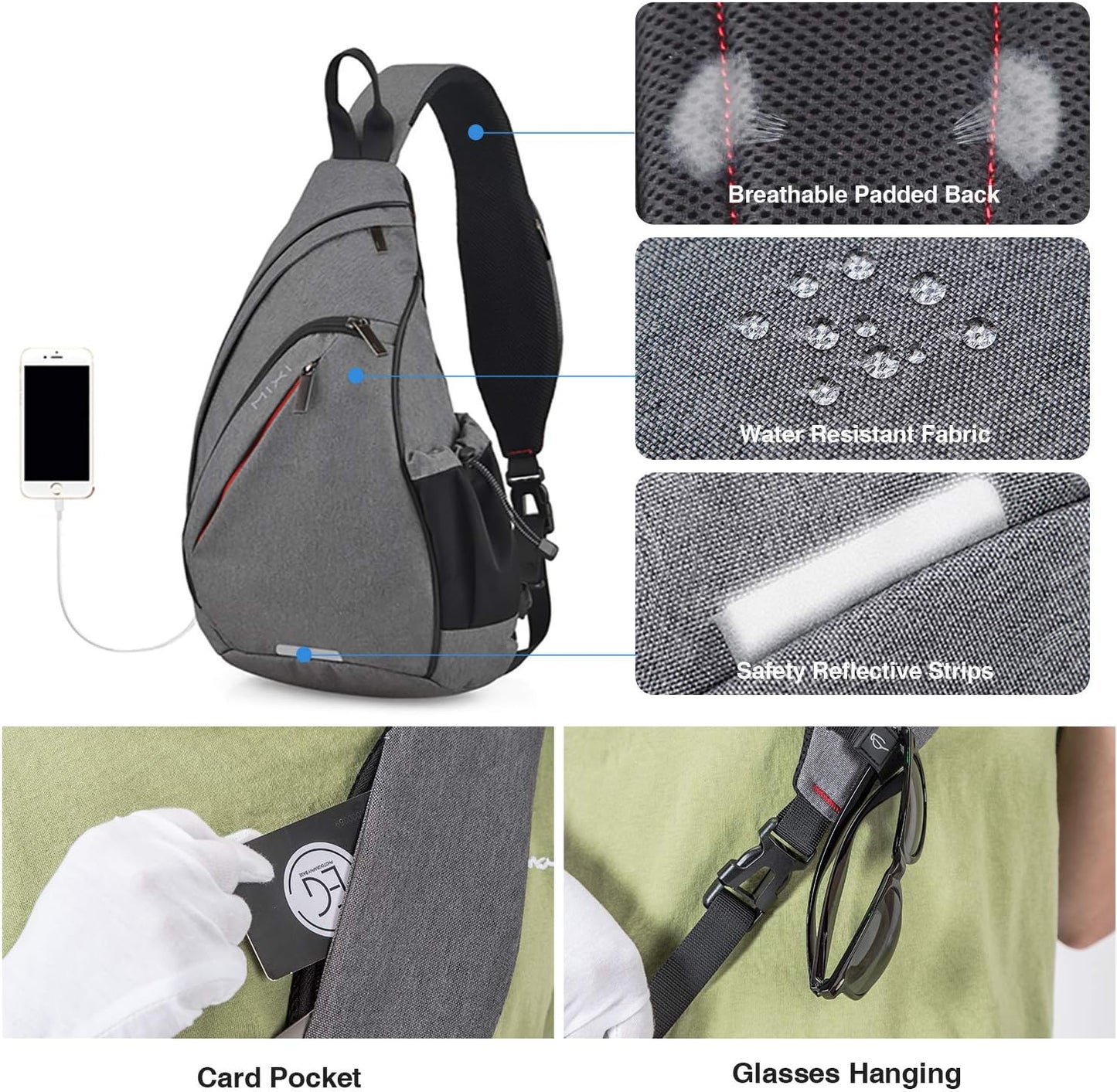 mixi Sling Bag Men Backpack Unisex One Shoulder Bag Hiking Travel Backpack Crossbody with USB Port