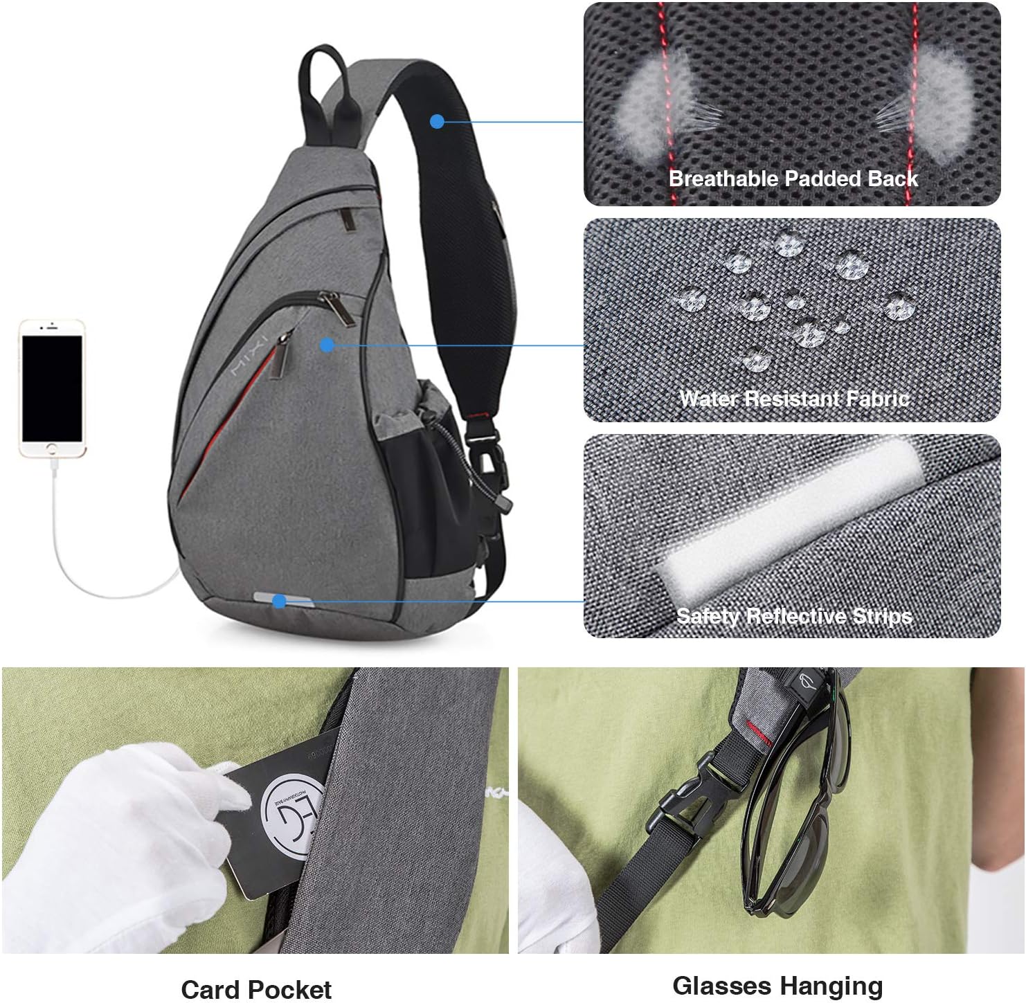 mixi Sling Bag Men Backpack Unisex One Shoulder Bag Hiking Travel Backpack Crossbody with USB Port