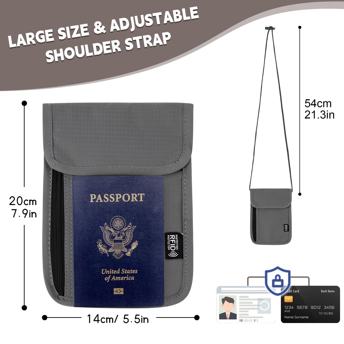 Likesing 5.5" L x 7.9" W Travel Neck Wallet, RFID Passport Holder (Grey)