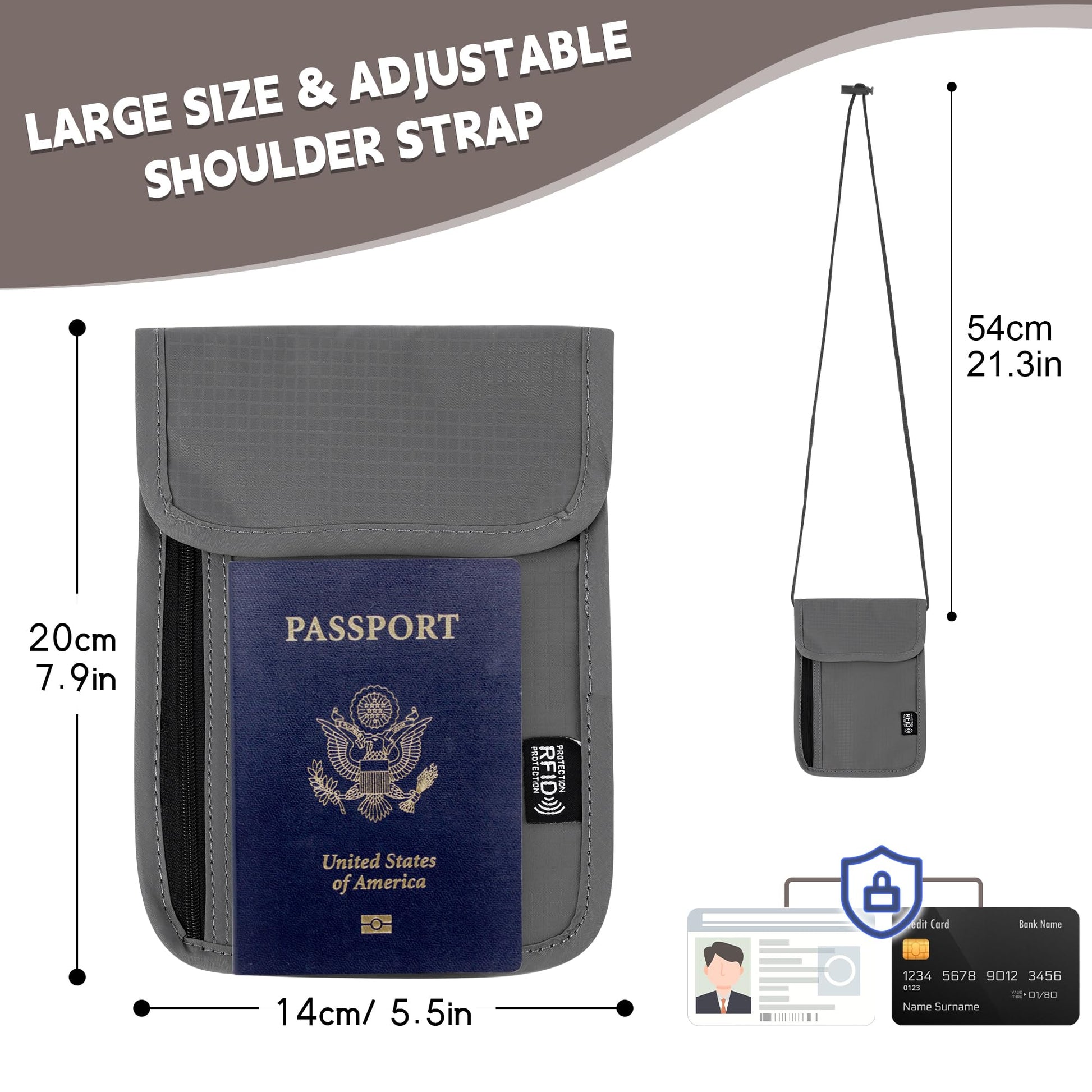 Likesing 5.5" L x 7.9" W Travel Neck Wallet, RFID Passport Holder (Grey)