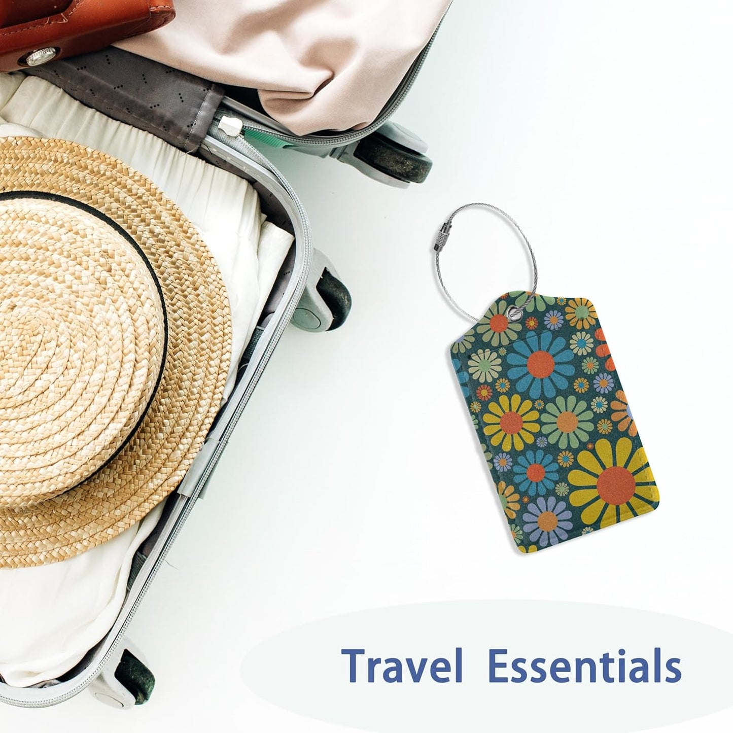 2Pcs Luggage Tag for Suitcase Hippie Flower Dasiy Cute Suitcase Tag with Privacy Flap & Name ID Label & Metal Loop,Travel Bag Luggage Tags for Women