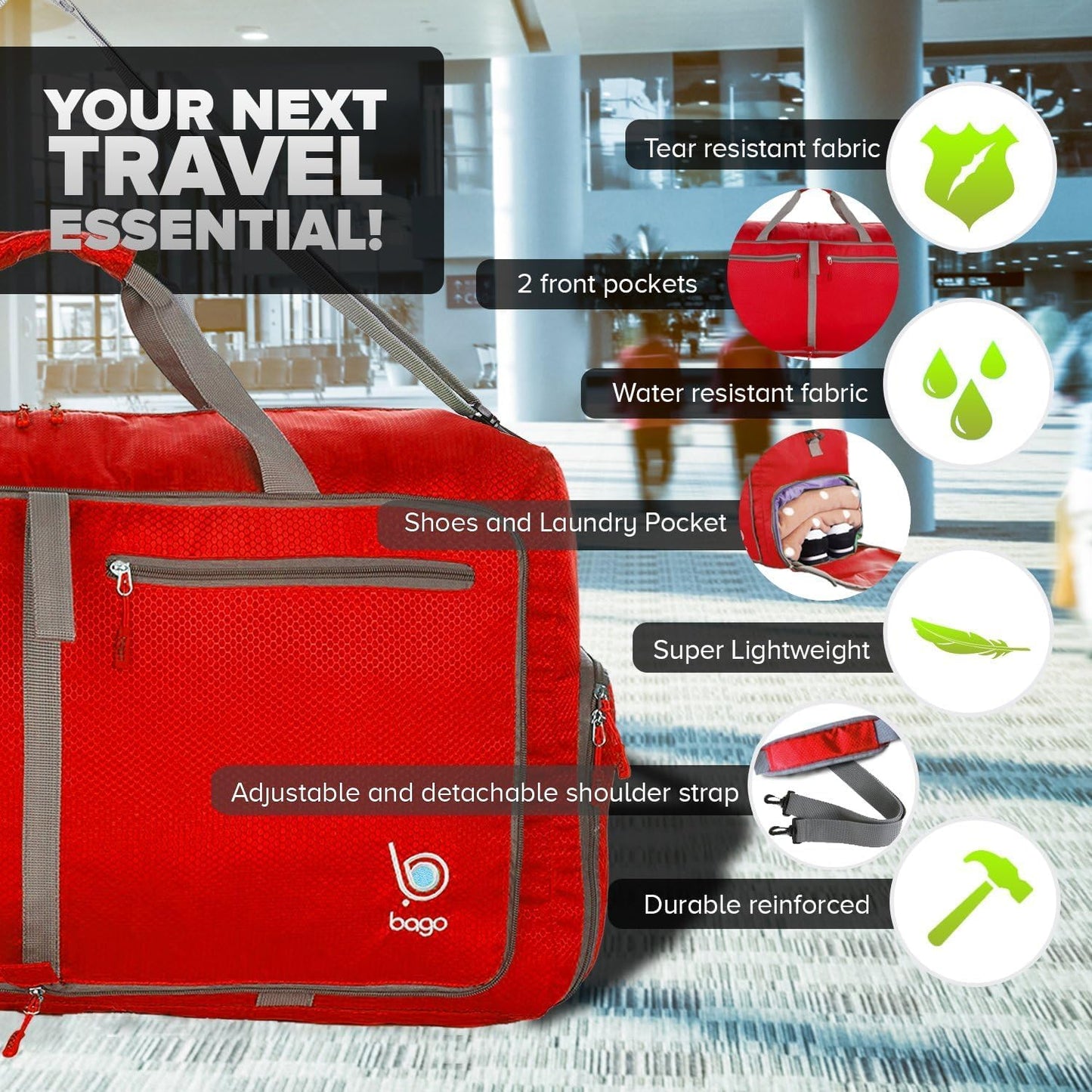 Bago Large Foldable Duffel Bags for Traveling Women & Men - 80L Packable Duffle Bag for Travel with Shoe Compartment - Water Repellant, Heavy Duty, Lightweight Folding & Collapsible (Red)