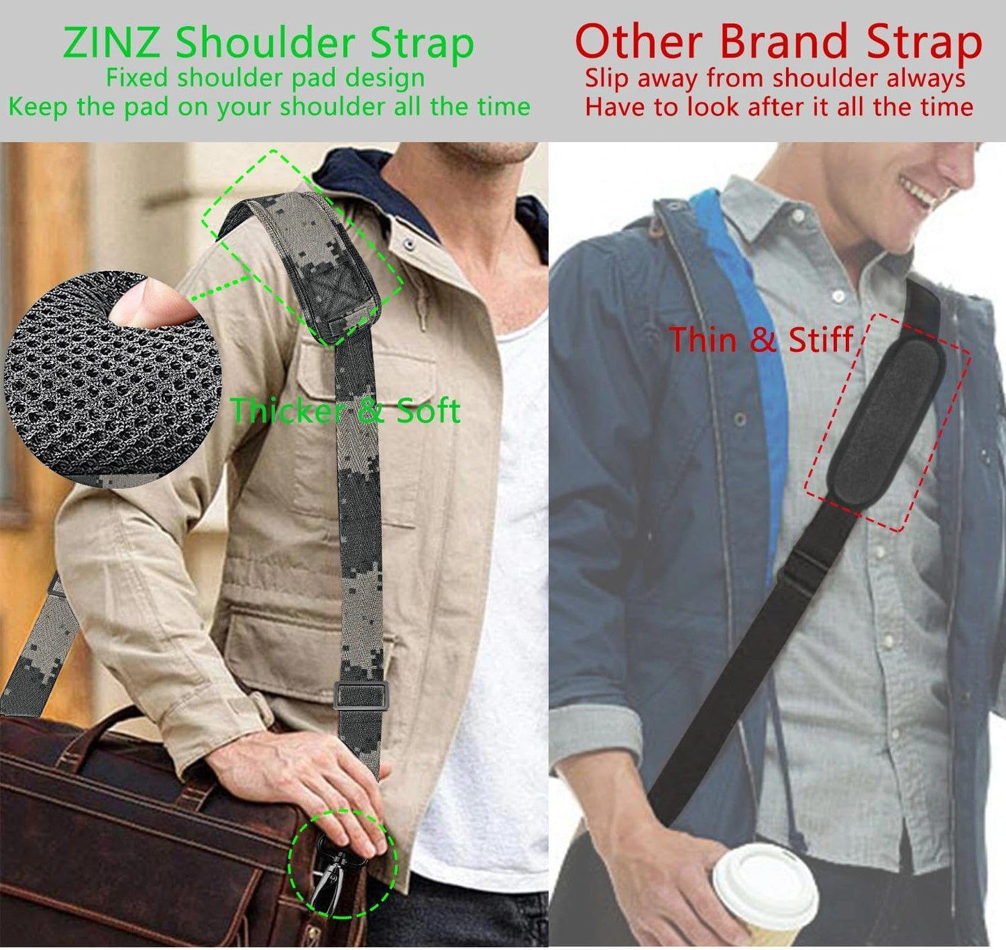 ZINZ 79 inch Shoulder Strap, Extra-thick Fixed Cushion Pad and Dual Clasps Universal Replacement Strap with Metal Swivel Hooks for Laptop Bags, Luggage Bags, Camera, Crossbody(Camouflage Gray)
