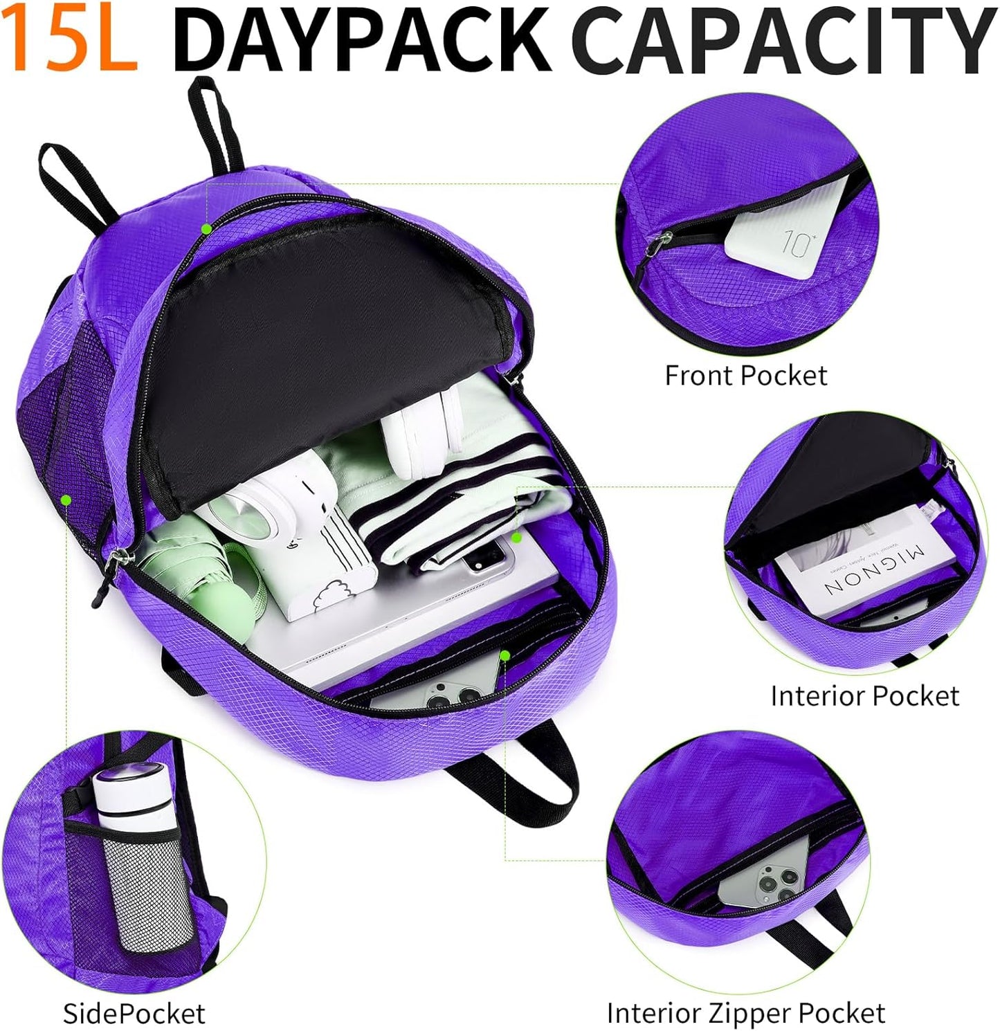 Small Hiking Backpack 15L Travel Lightweight Hiking Packable Daypack Water-Resistant Foldable Backpacks for Women Men Camping (Purple)