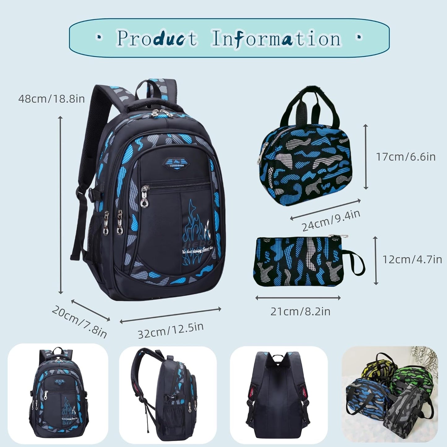 3Pcs Camo-Print Primary School Backpack and Lunch-Bag Set for Boys Camouflage Elementary Bookbag Rucksack Waterproof