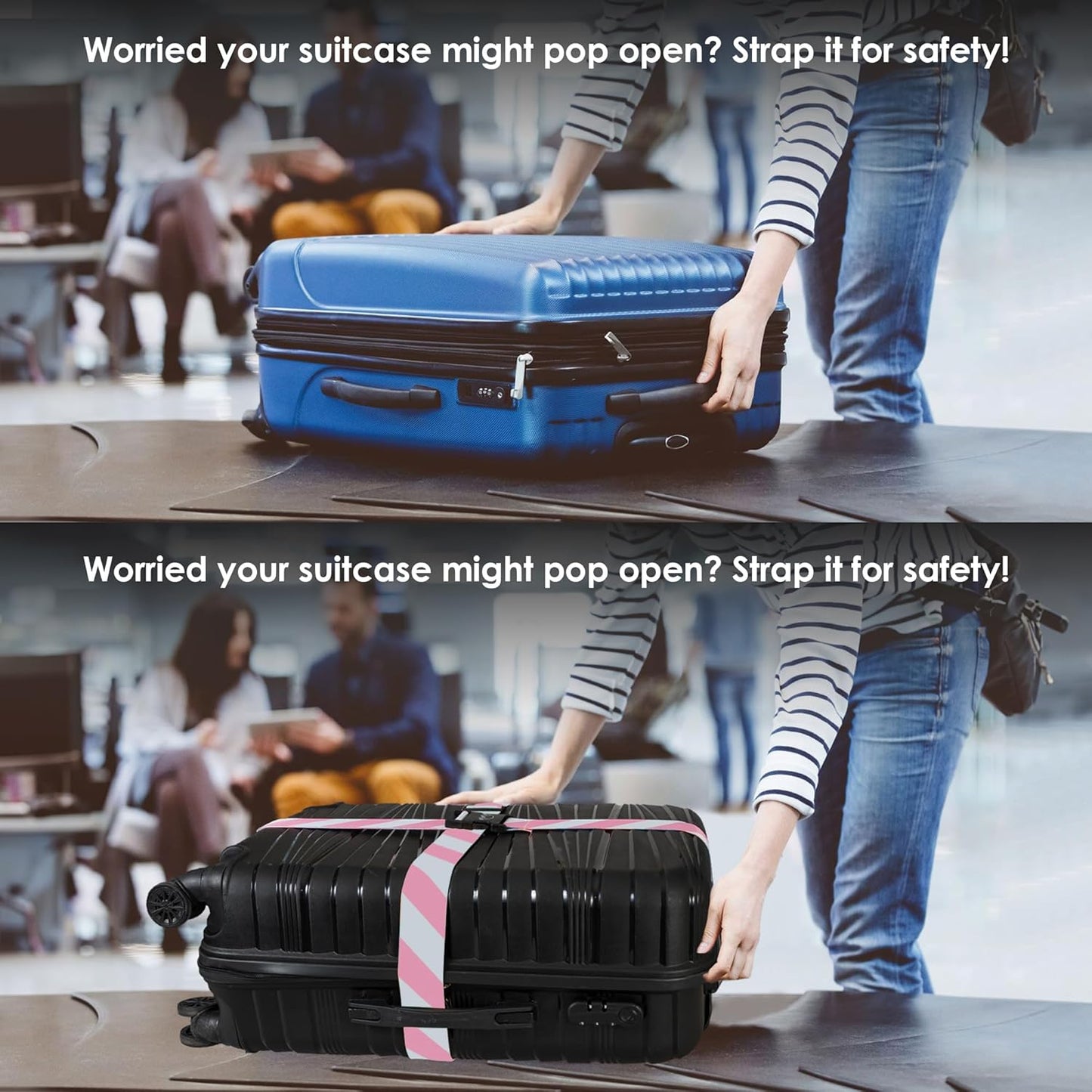 Adjustable Luggage Straps for Secure Travel,TSA Approved Heavy Duty Suitcase Belts with Quick-Release Buckle, Durable Travel Straps for Luggage Protection and Easy Identification 3 Pack (White Pink)
