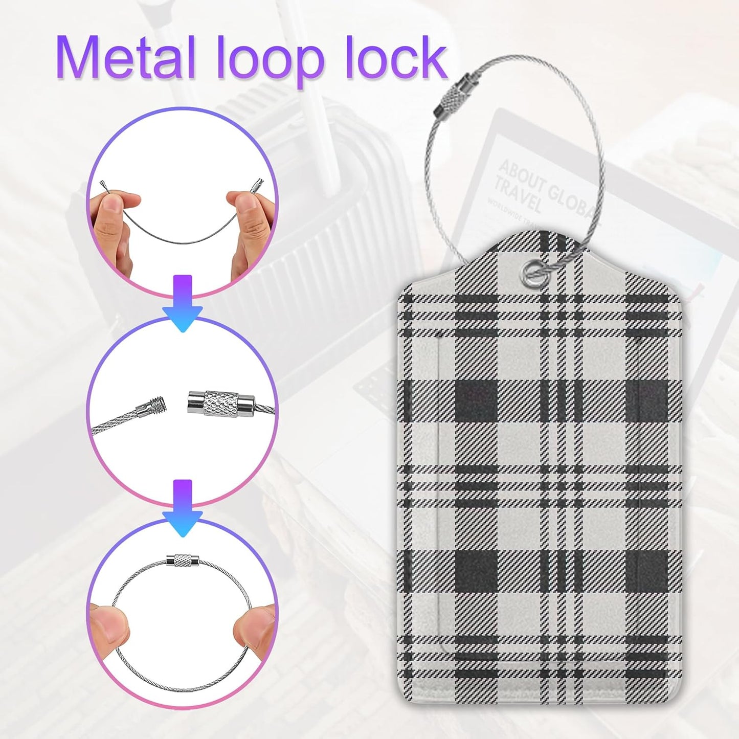 2 Pack Leather Luggage Tag for Suitcase Black White Plaid Checkered Unique Travel Tags with Privacy Cover ID Label & Stainless Steel Loop for Men and Women Baggage