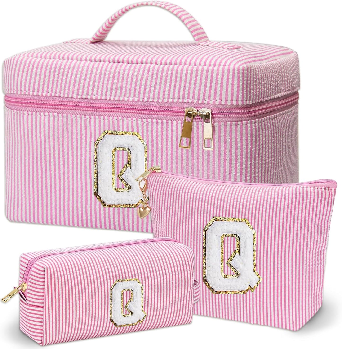 Personalized Monogram Makeup Bag, 3PCS Custom Monogrammed Toiletry Cosmetic Bag for 6-18 Teen Girls Women,Birthday Graduation Gifts Initial Pouch Makeup Bags for Women Girls, Make Up Bag (Q, Pink)