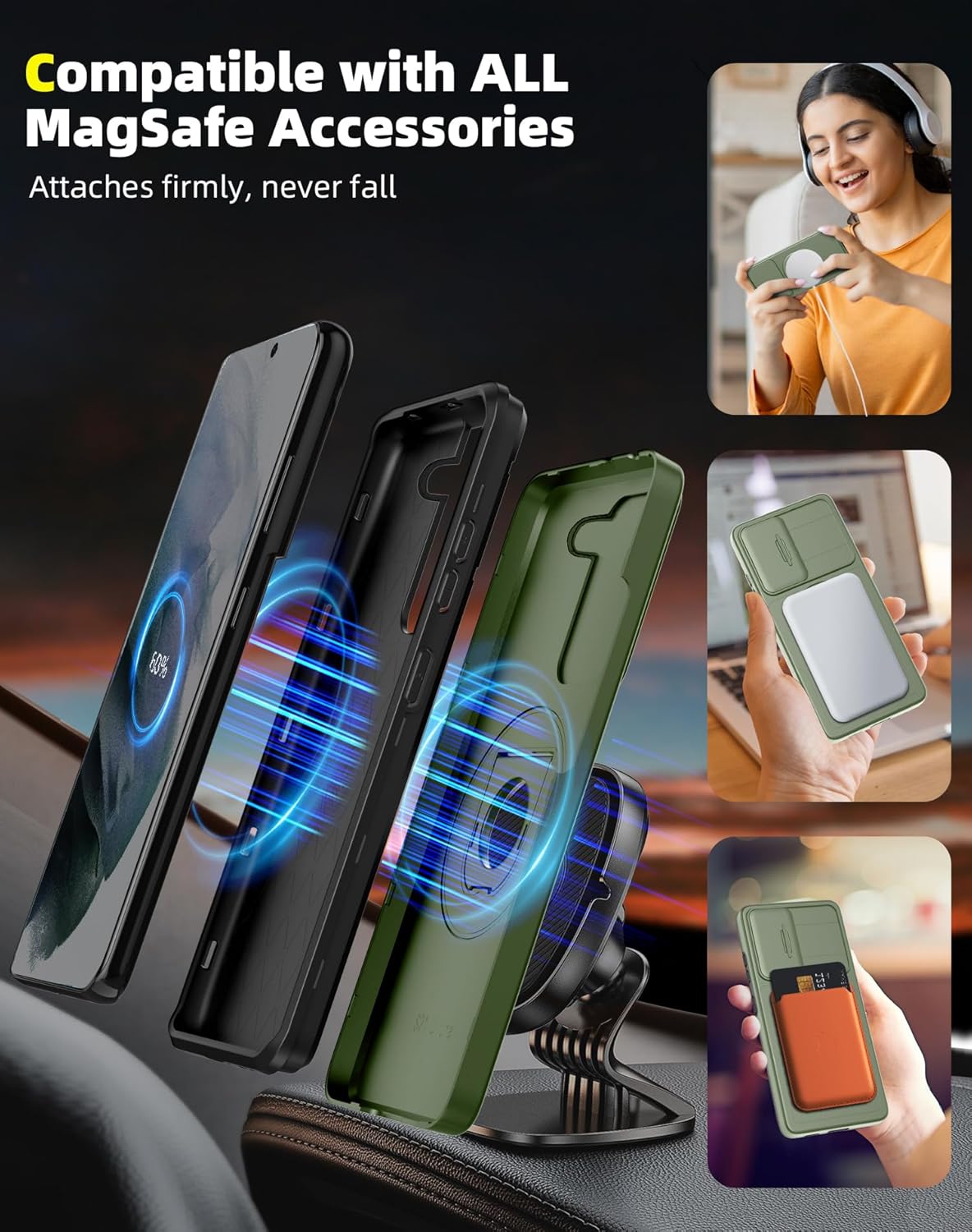 for Samsung Galaxy S21 Case Magnetic Compatible with MagSafe Wireless Charging,with Screen Protector,Built-in Kickstand Ring+Camera Cover Anti-Scratch Shockproof Heavy Duty Protection Green