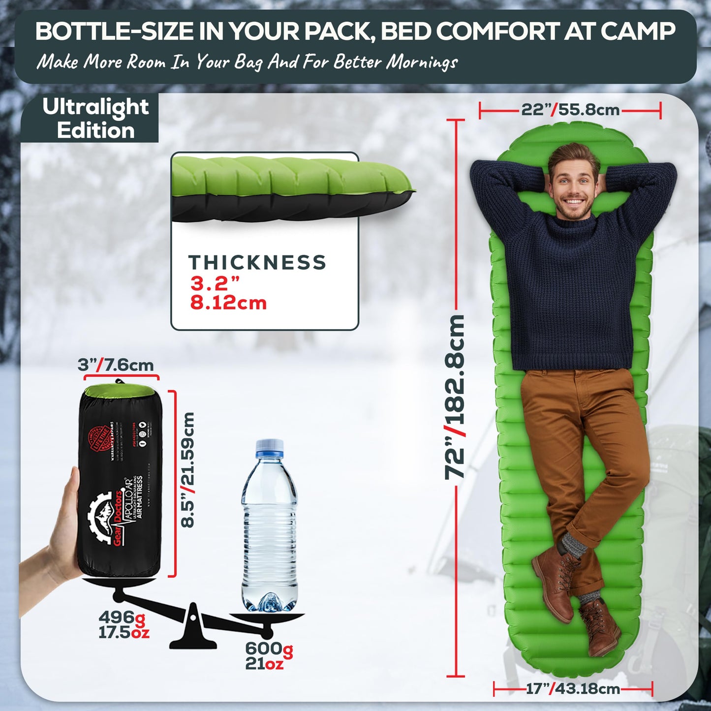 Gear Doctors® ApolloAir 5.2 R-Value [17oz] Ultralight Insulated Inflatable Camping Sleeping Pad