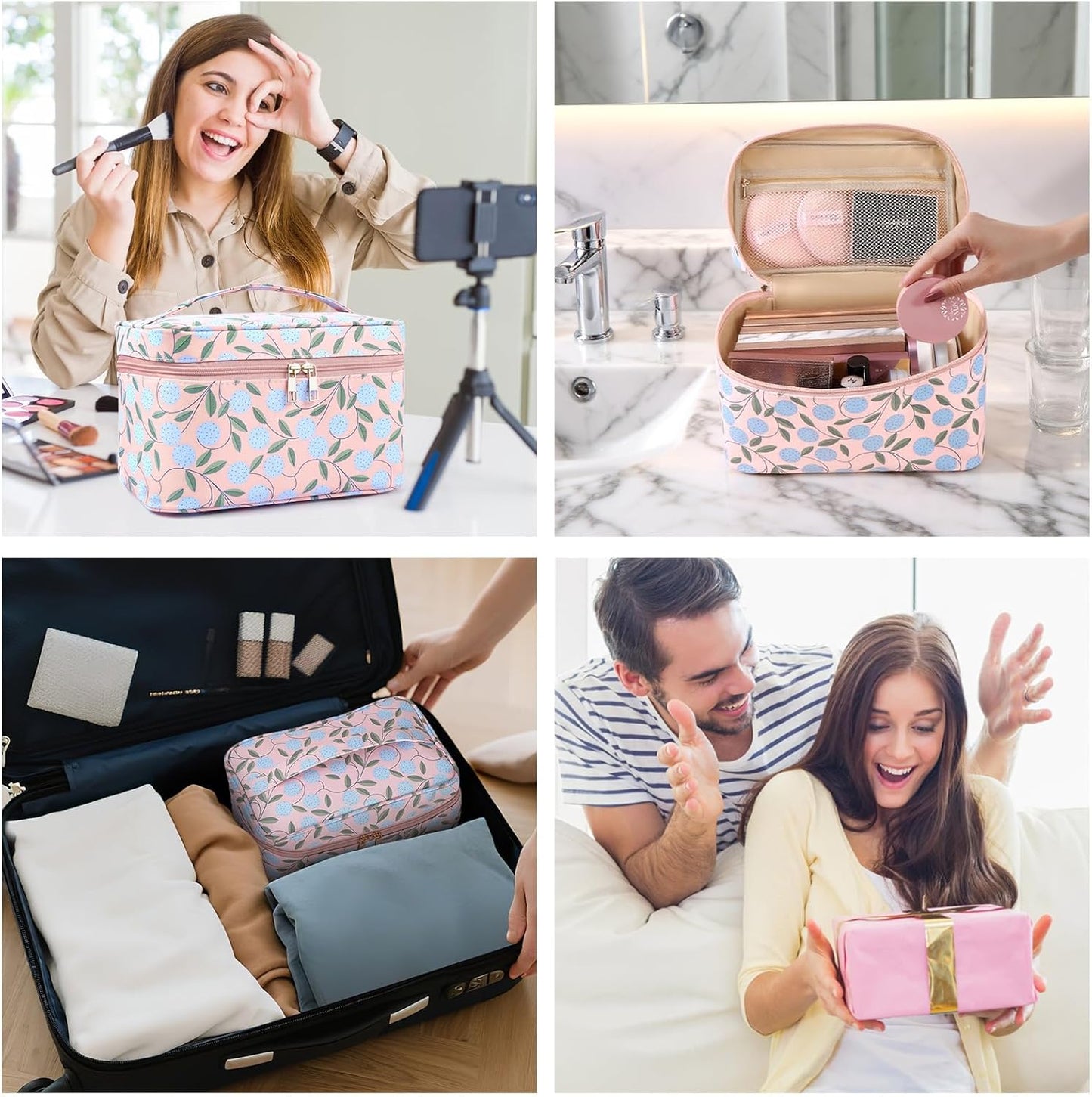 MAANGE Travel Makeup Bag, Cosmetic Bag, Portable Large Capacity Makeup Case, Make Up Organizer For Women, Oxford Cloth Toiletry Bag With Handle (Pink Plants)