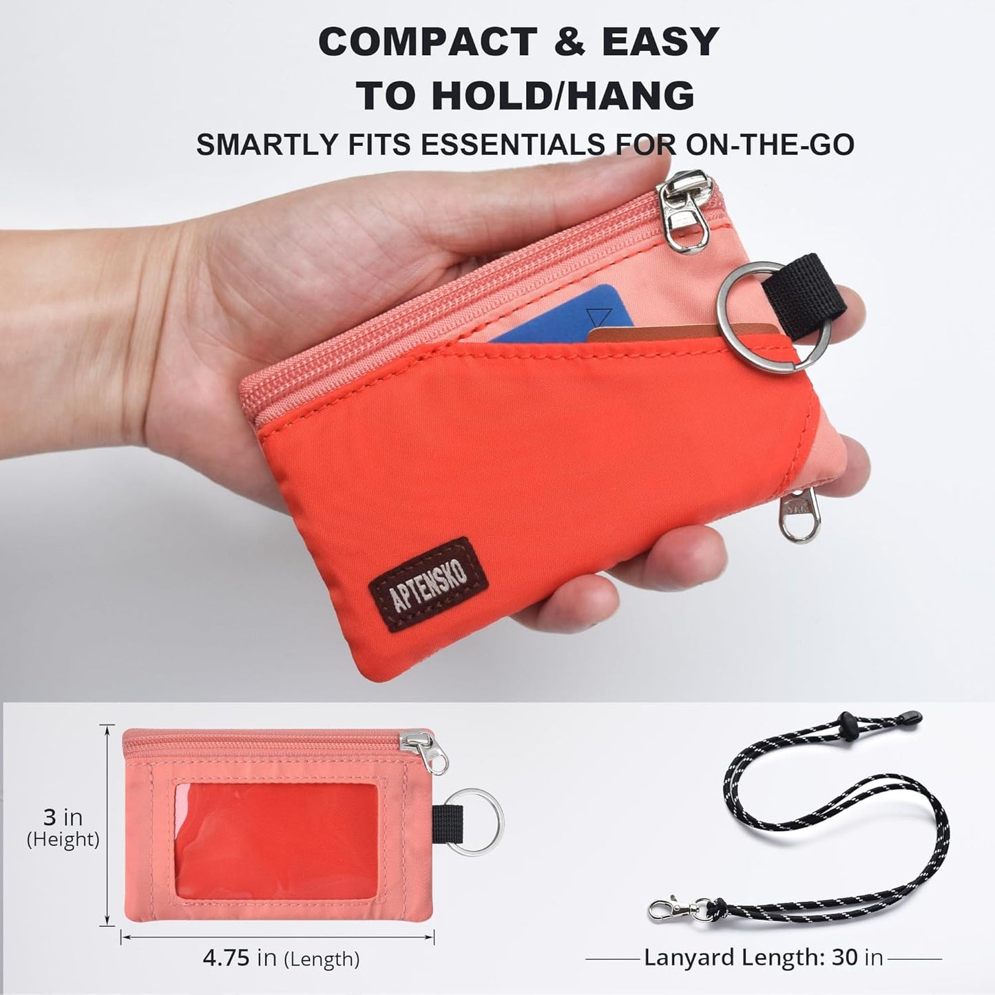RFID Travel Wallet with Adjustable Lanyard-Zipper Small Wallet with ID Card Holder, Keychain for women&men-Minimalist Slim Waterproof Nylon case for ID, Cash, Key (BlazingOrange+CoralBlush)