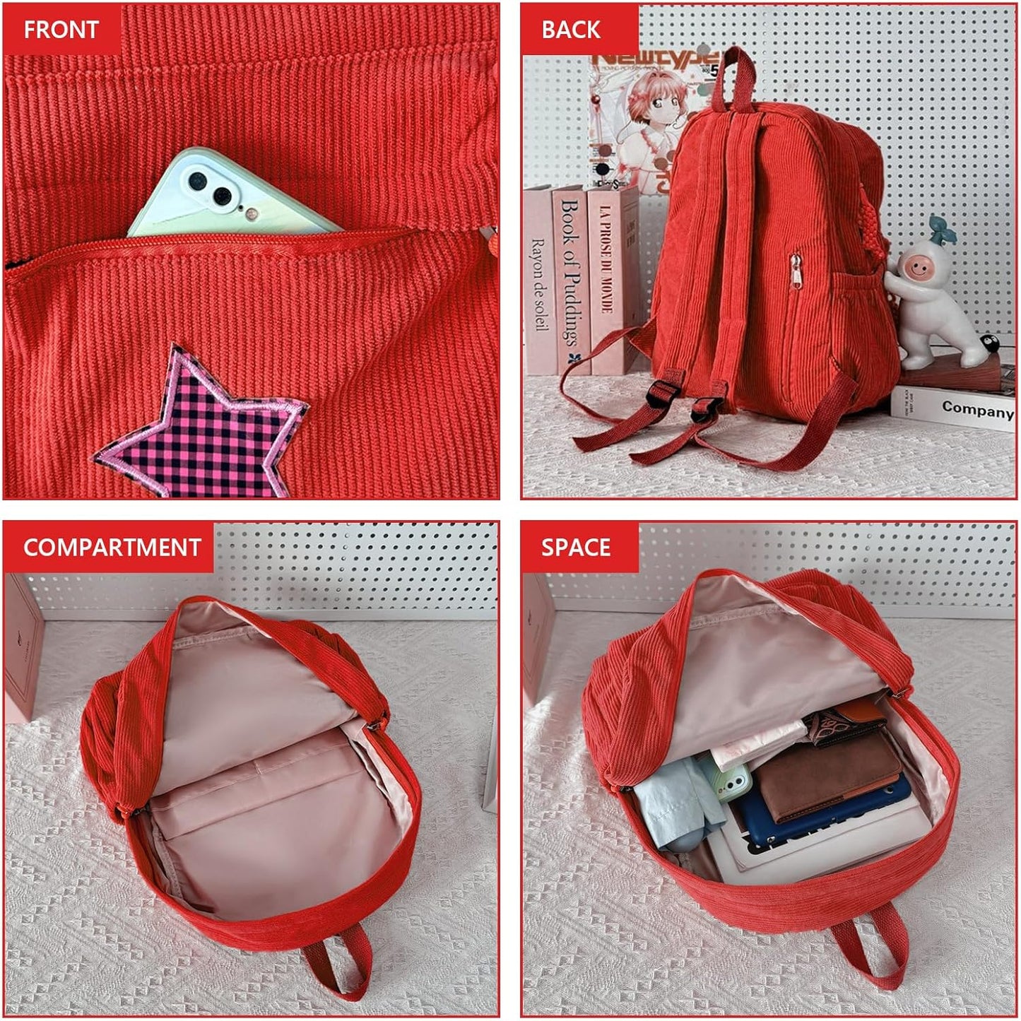 Corduroy Backpack with Star Pattern, Trendy and Versatile, Fits 14'' Laptop Large Capacity Daily Commute (Red)