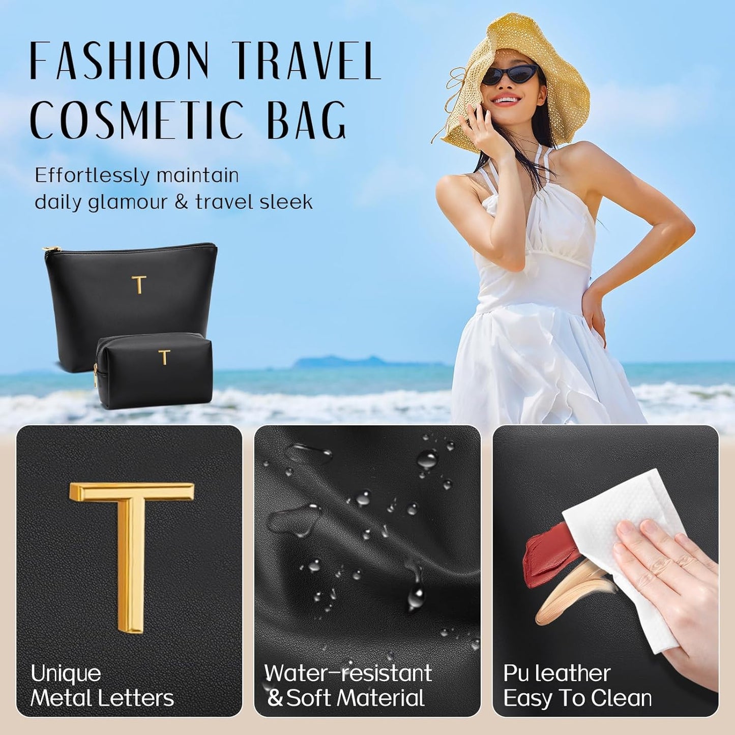 Women Gifts | Initial Makeup Bag Set for Girl Personalized Gifts for Bridesmaid Friend Graduation Teachers PU Leather Cosmetic Travel Toiletry Bag(Black,T)