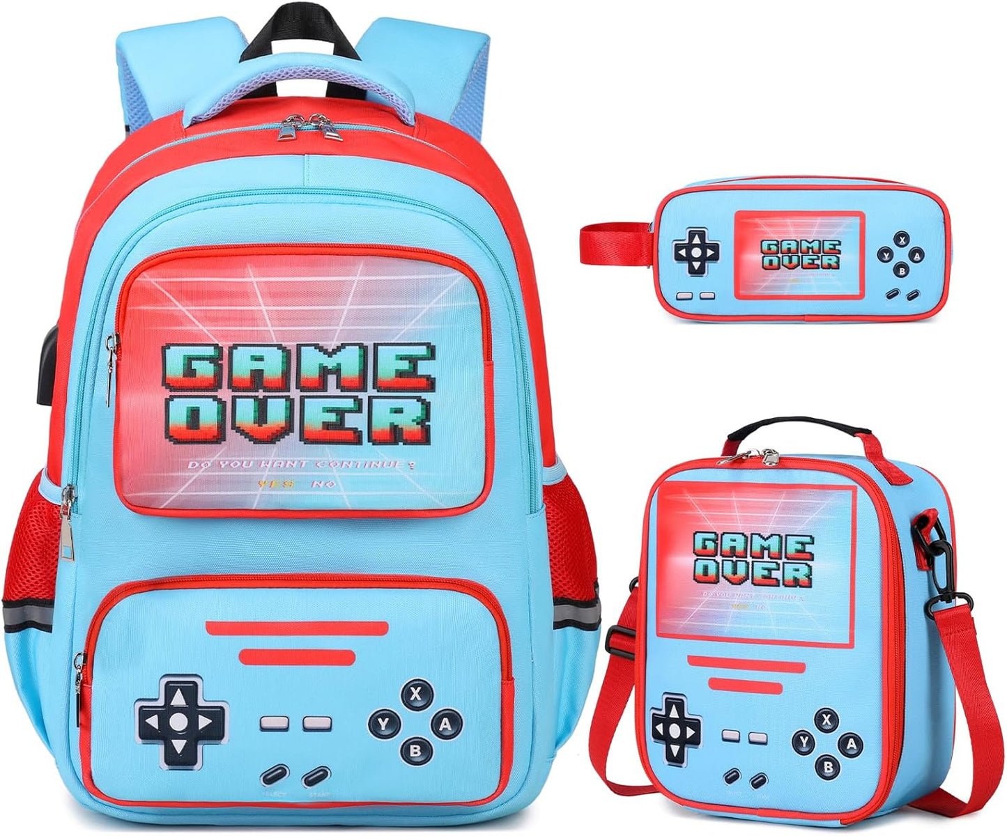 Gamer Backpack for Boys - Cool Luminous School Bag with Lunch Bag Pencil Case - Kids Backpack Elementary Middle School Book Bags for Teen Boys with USB Charging Port (Blue Red)