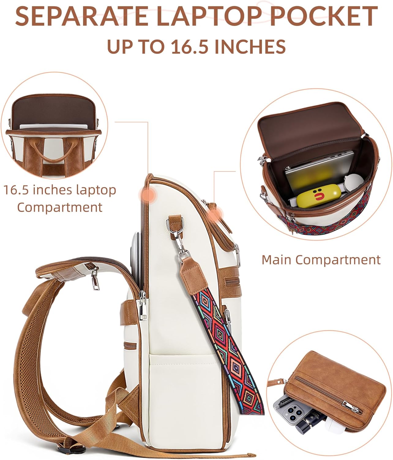 Leather Laptop Backpack for Women Designer Laptop Bag, 16.5 inch Travel Computer Backpacks Purse with Tassel for Work Business with Satchel Purse Beige Brown